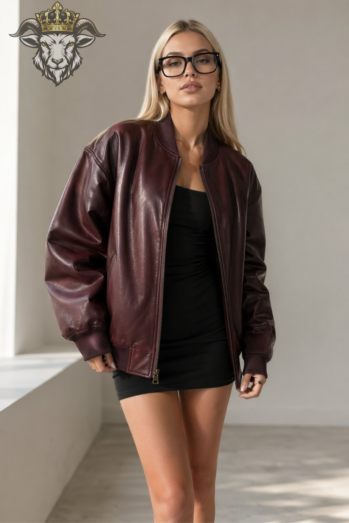 Women's Burgundy Real Leather Bomber Jacket, Oversized Vintage Jacket, Relaxed Fit Streetwear Coat, Ribbed Collar Luxury Outerwear