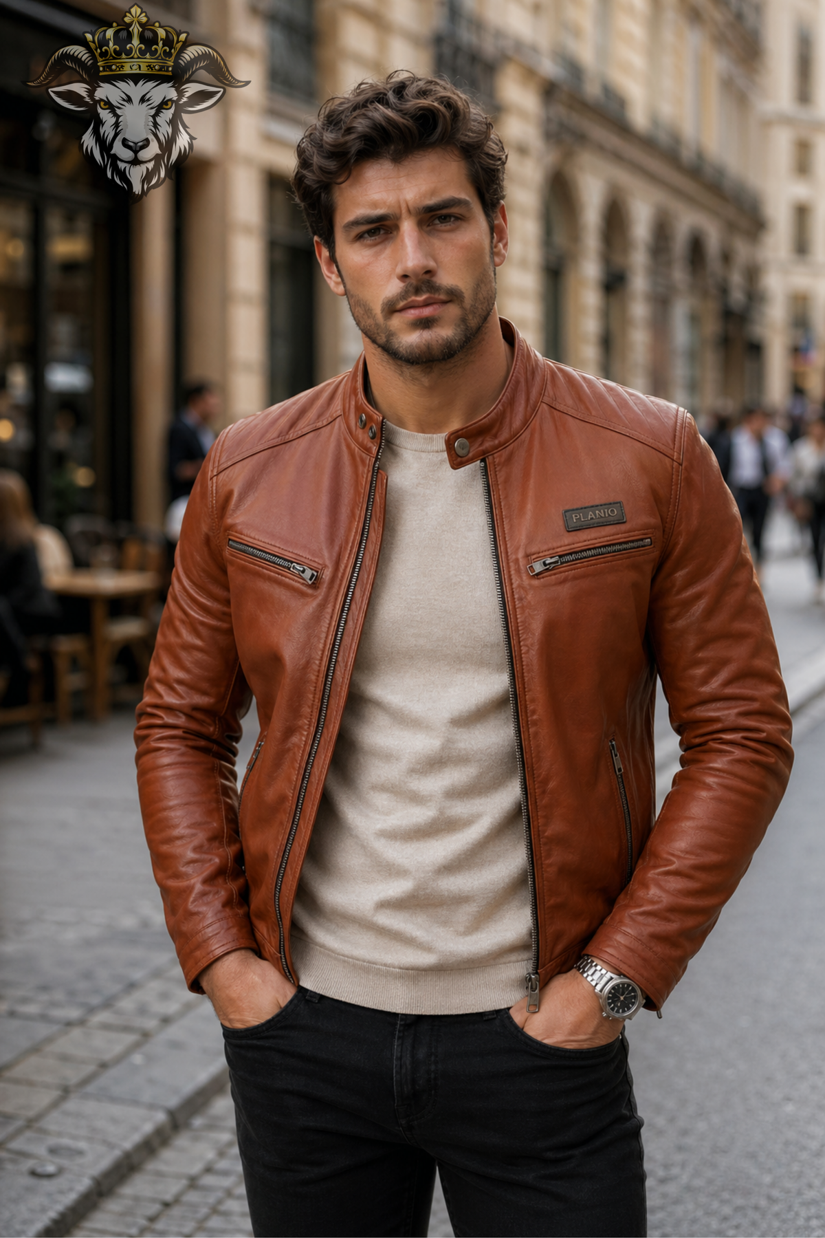 Men’s Burnt Orange Real Leather Biker Jacket – Slim Fit Café Racer Moto Jacket with Zip Pockets & Snap Collar
