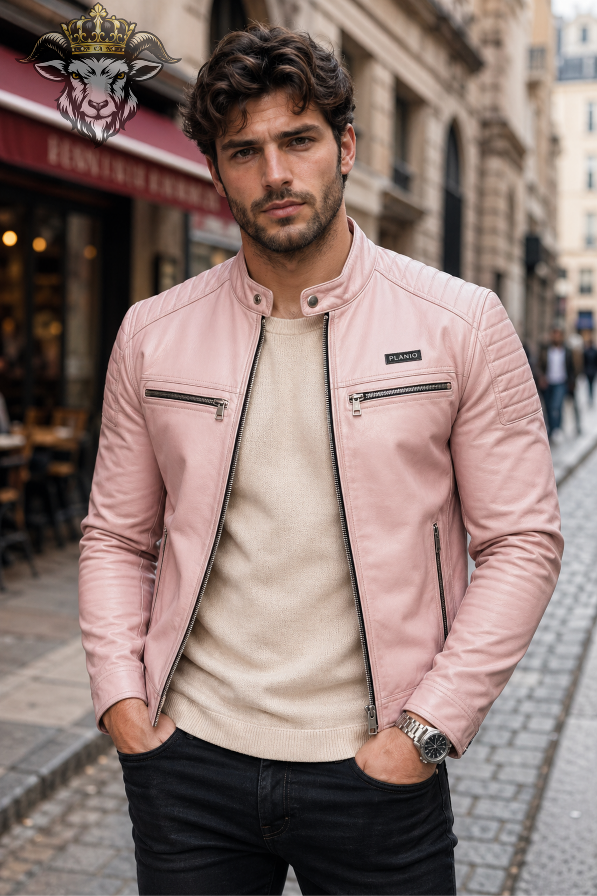 Men's Baby Pink Real Leather Biker Jacket – Slim Fit Motorcycle Jacket, PLANIO Cafe Racer Moto Jacket, Quilted Leather Jacket for Men