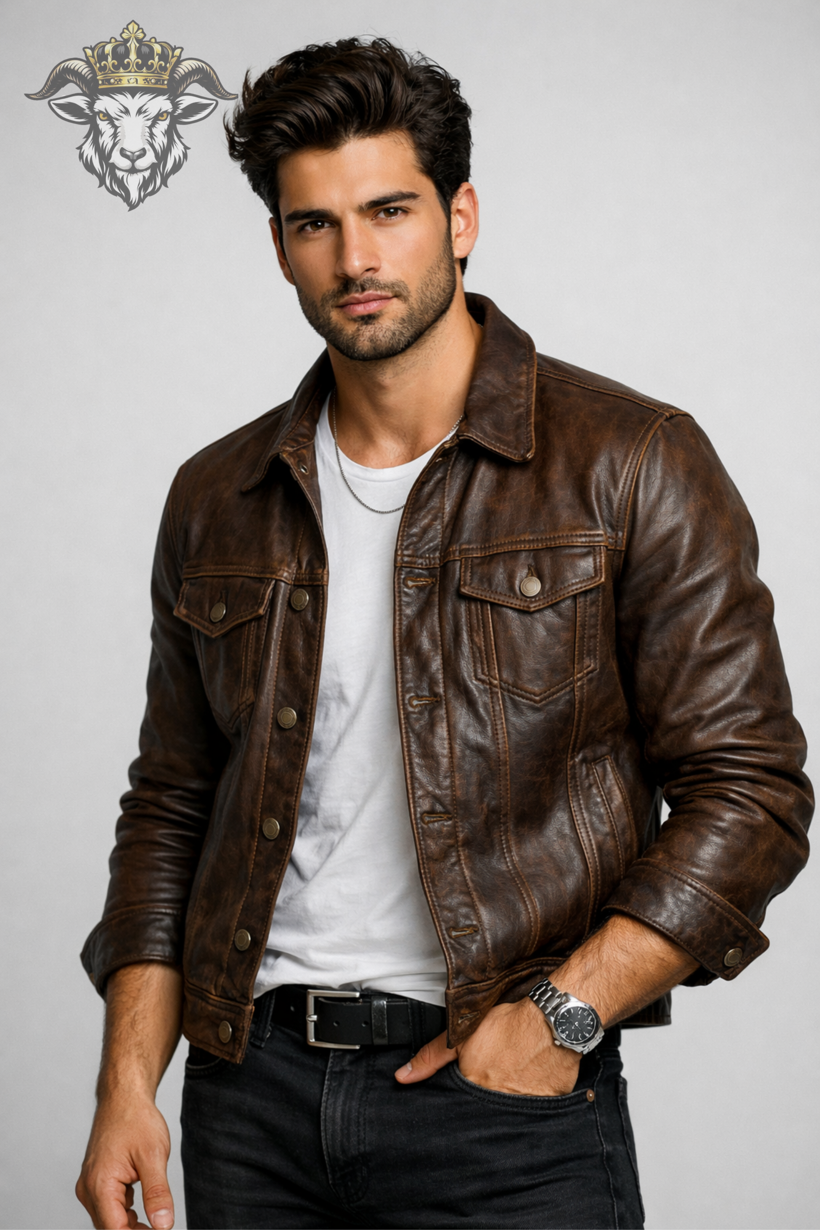 Men’s Distressed Brown Leather Trucker Jacket