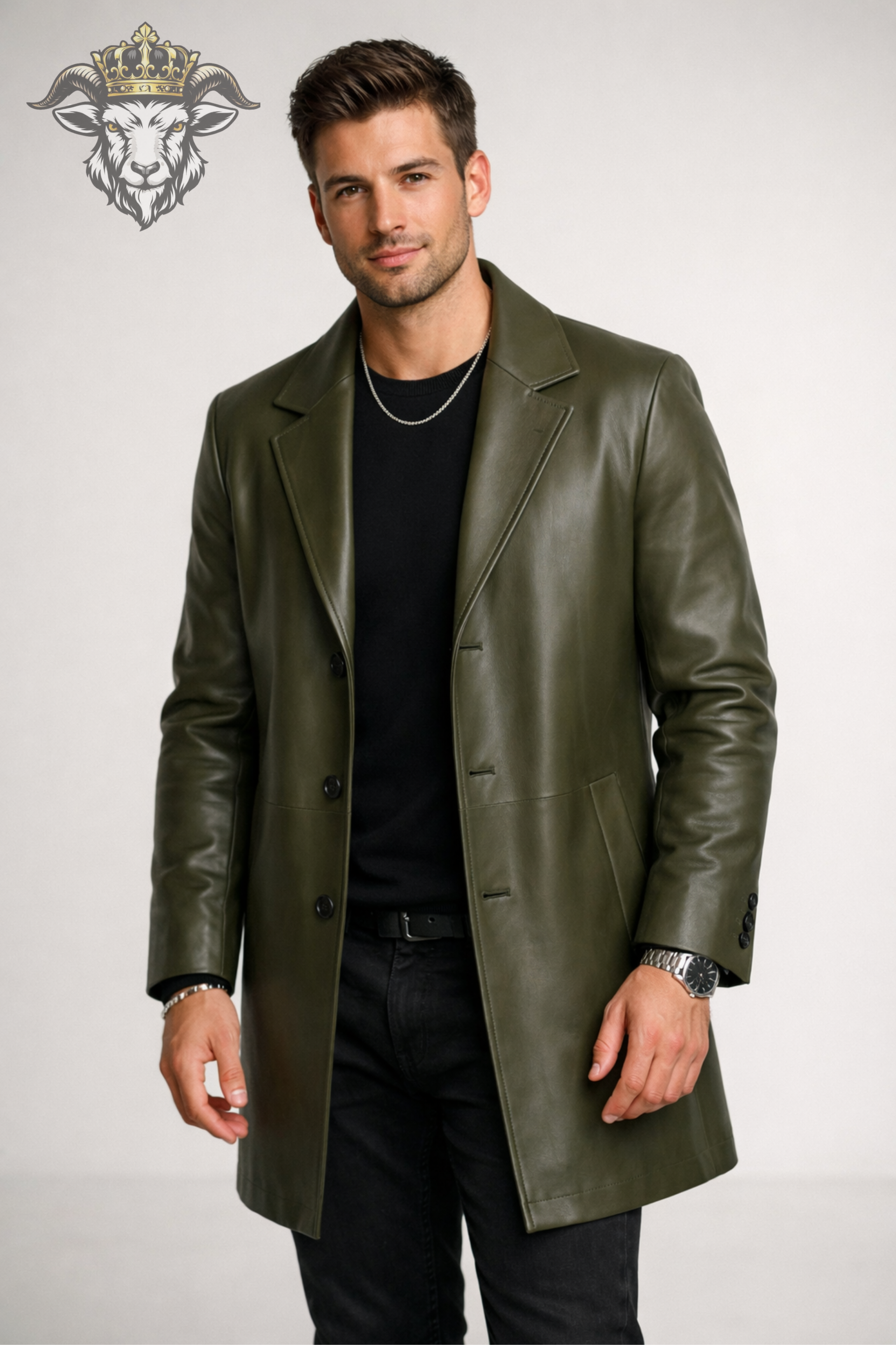 Men’s Olive Green Real Leather Coat – Mid-Thigh Premium Leather Overcoat | Slim Fit Classic Lapel Winter Jacket for Men