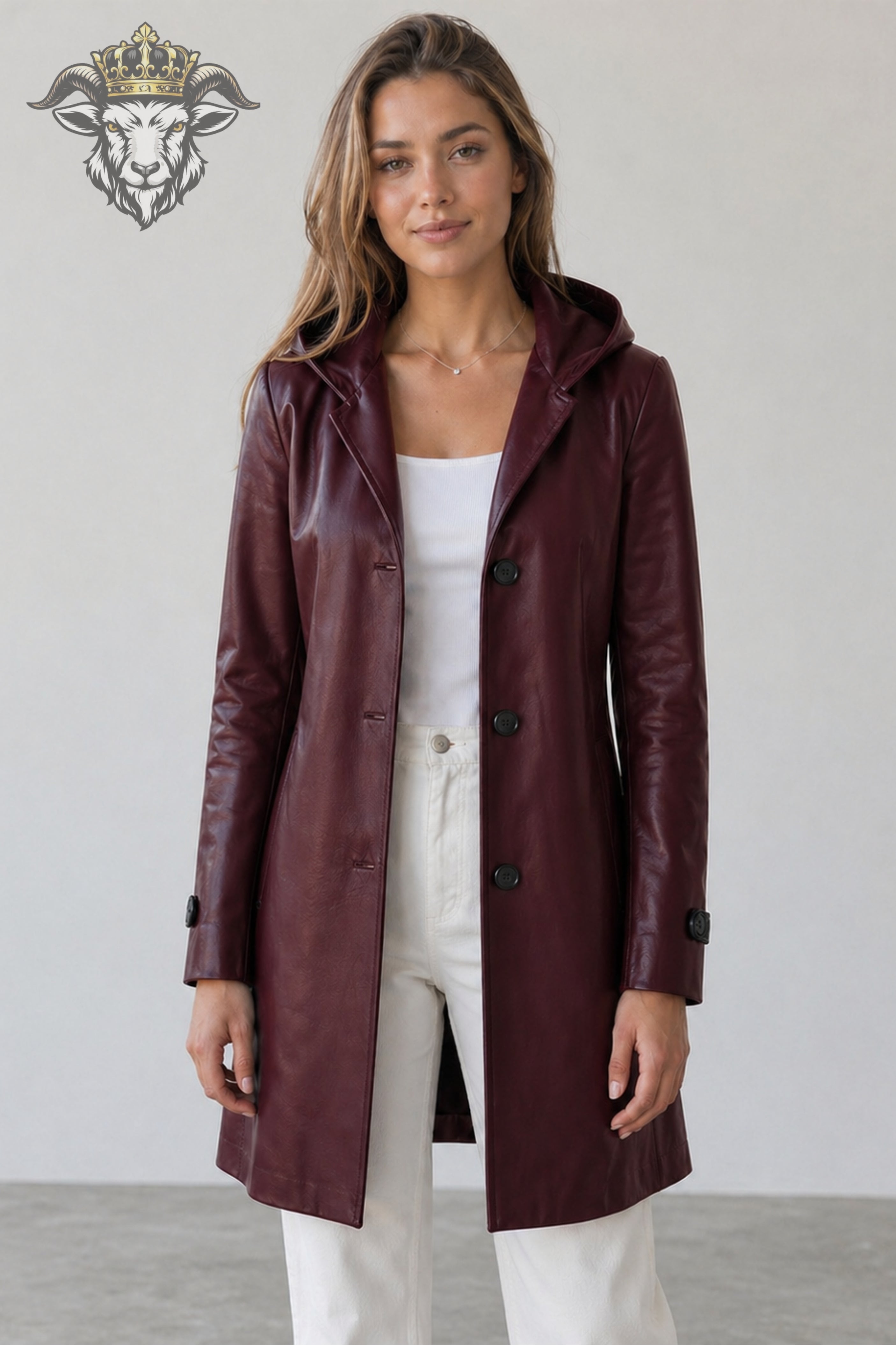 Women’s Burgundy Real Leather Hooded Coat