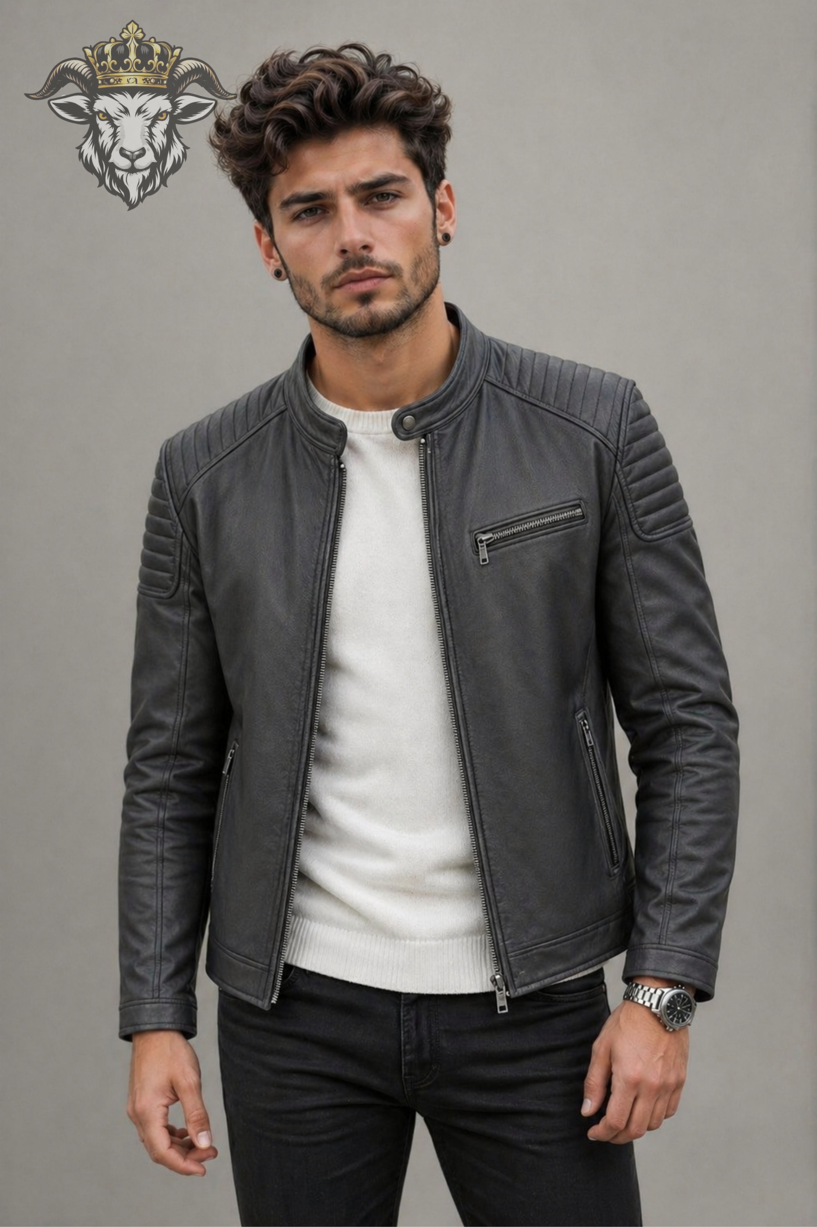 Men’s Charcoal Real Leather Roadster Jacket