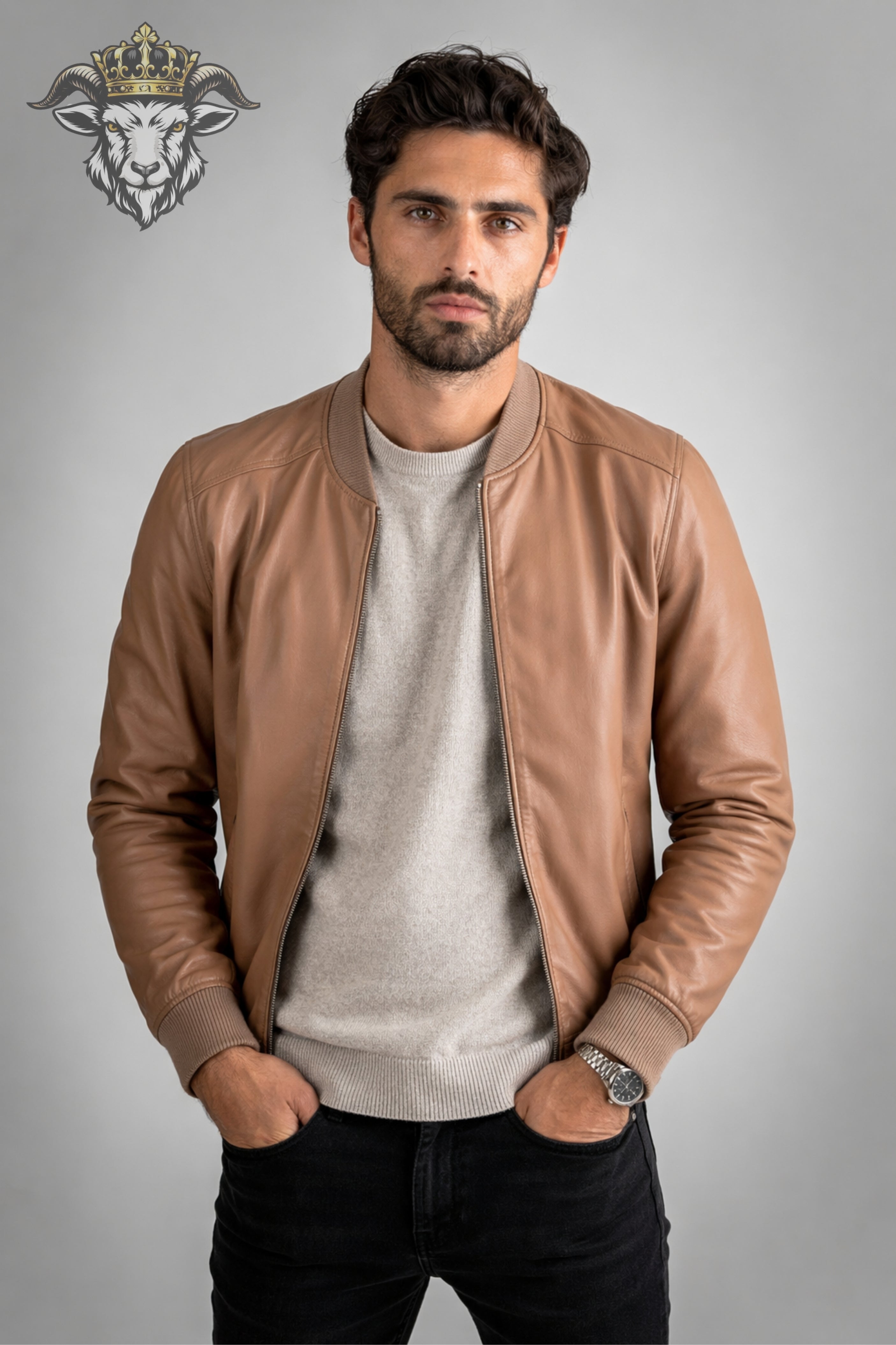 Men’s Tan Real Leather Bomber Jacket