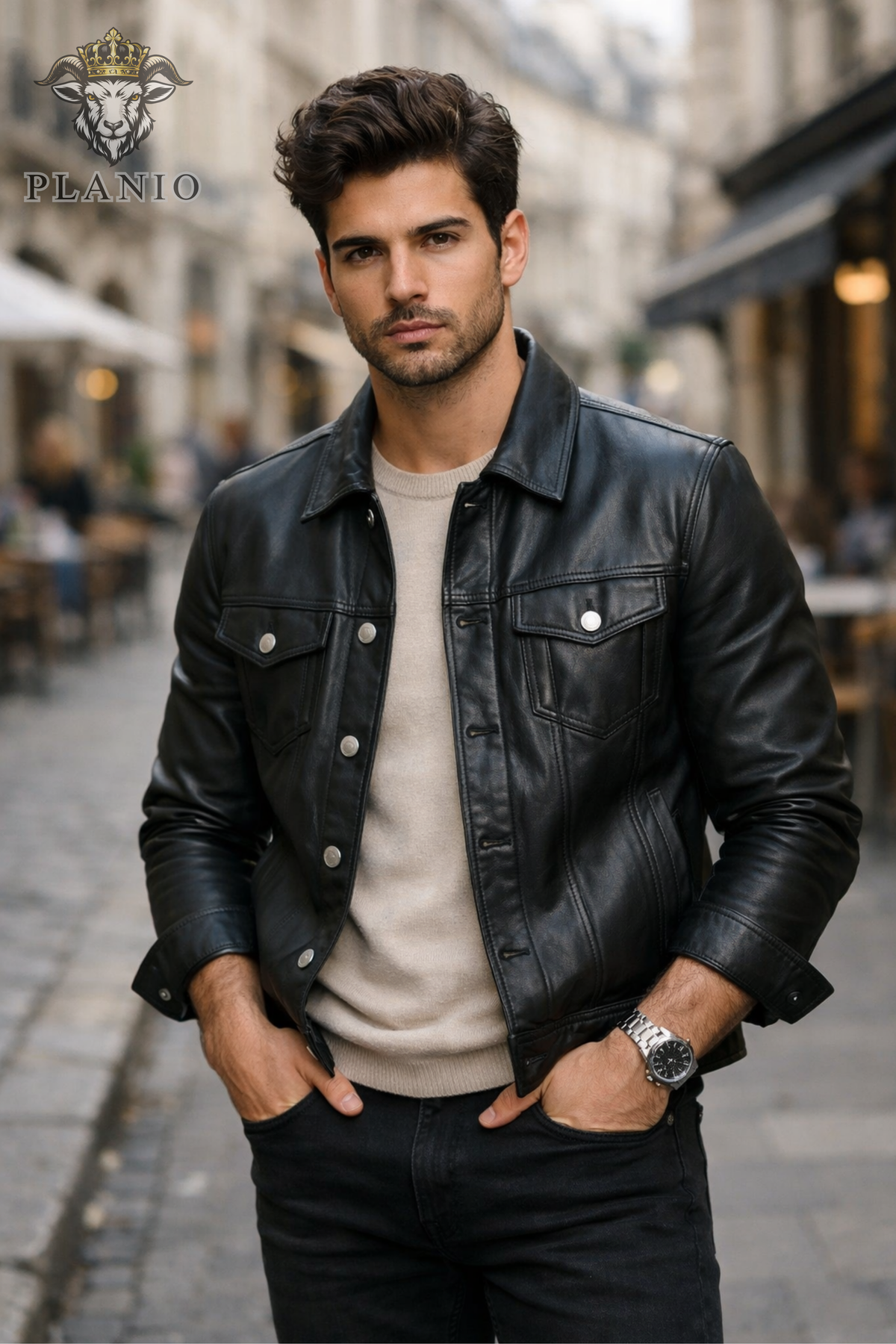 Men’s Black Leather Trucker Jacket – Classic Button Front Slim Fit Biker Style Coat