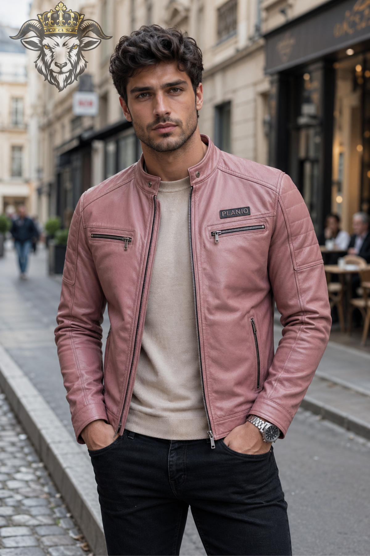 Men's Pink Real Leather Biker Jacket, PLANIO Slim Fit Moto Jacket, Stand Collar Cafe Racer Jacket, Quilted Shoulder Streetwear