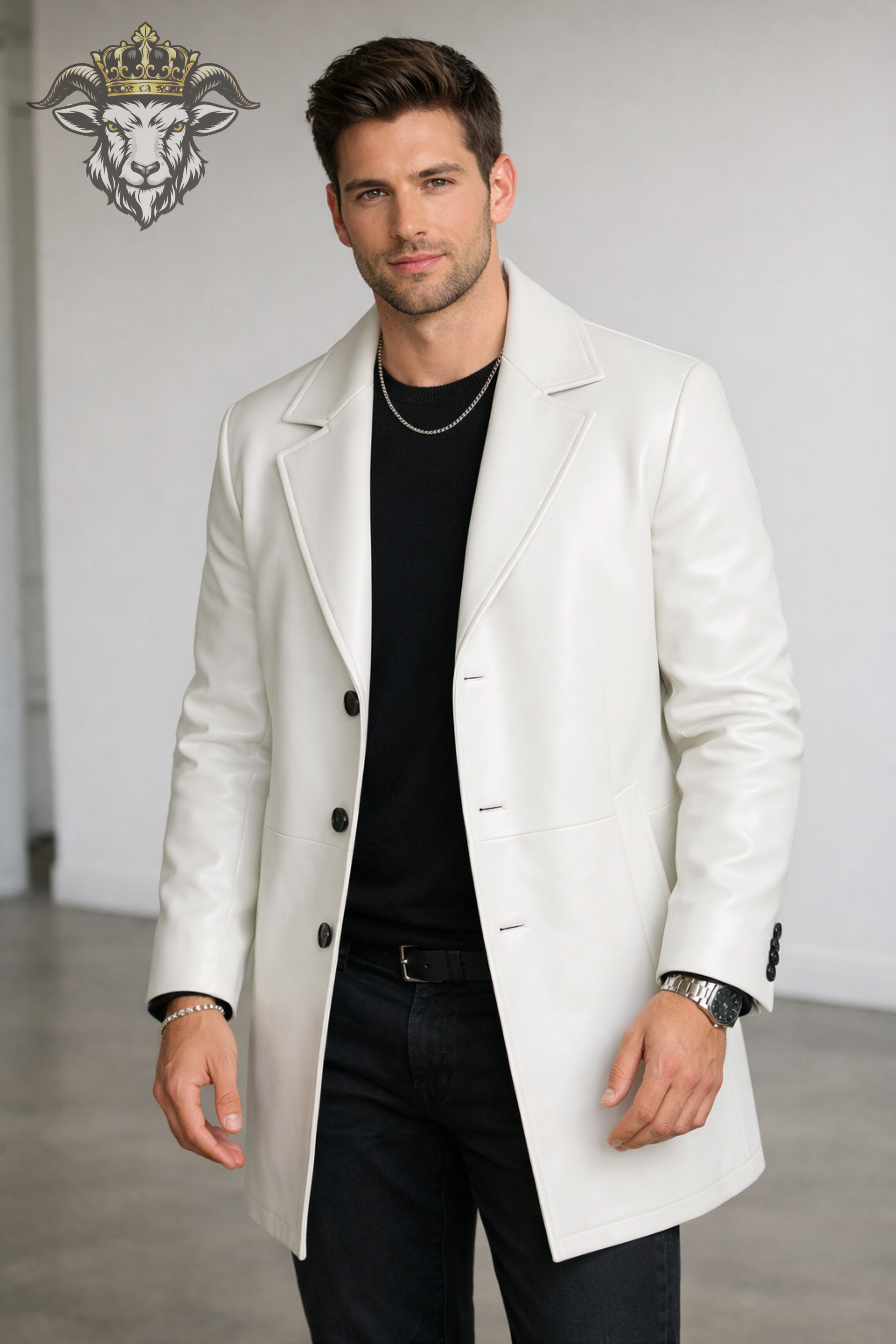 Men’s White Real Leather Coat – Mid-Thigh Length Premium Tailored Jacket with 3-Button Design, Modern Slim Fit Overcoat