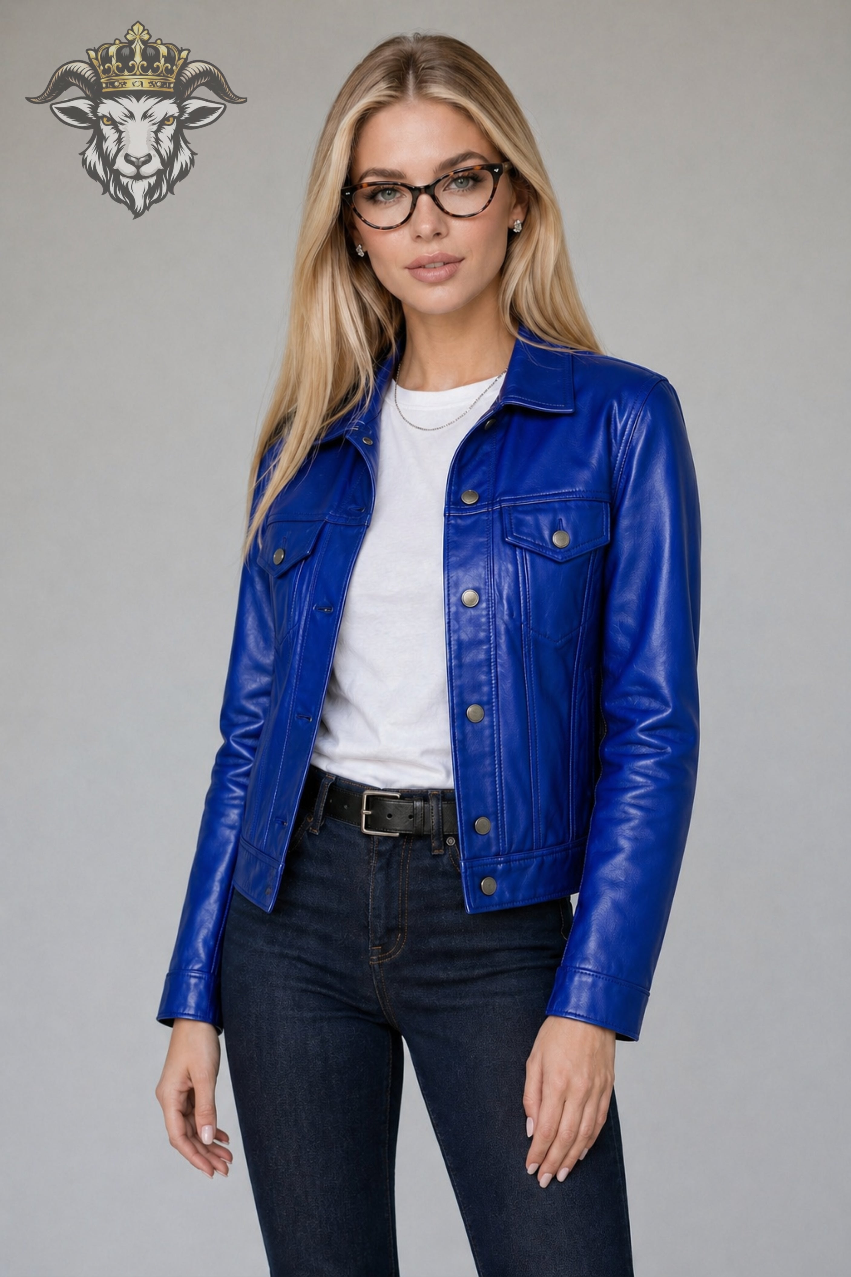 Women’s Royal Blue Real Leather Trucker Jacket
