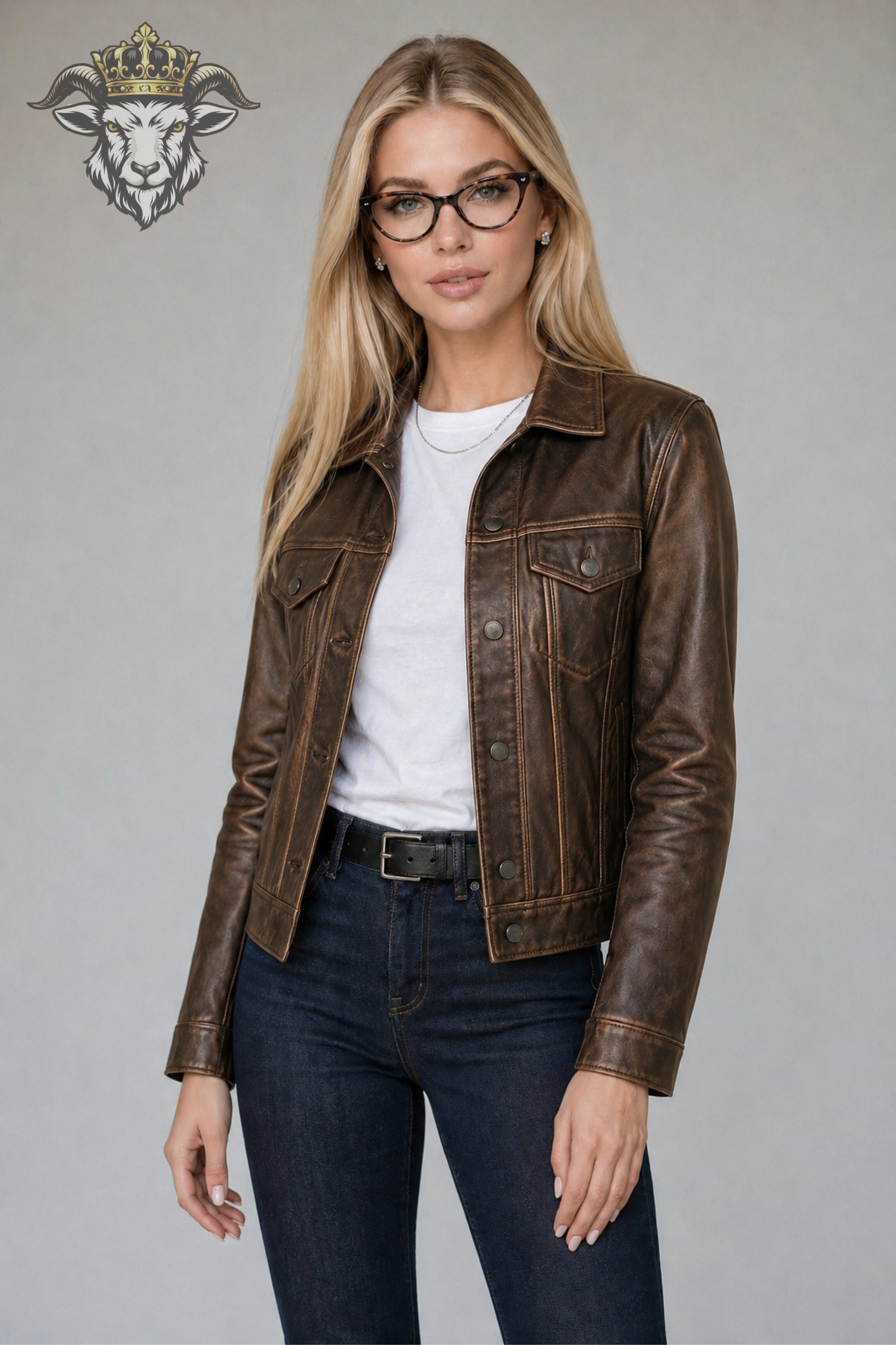Women’s Distress Brown Real Leather Trucker Jacket