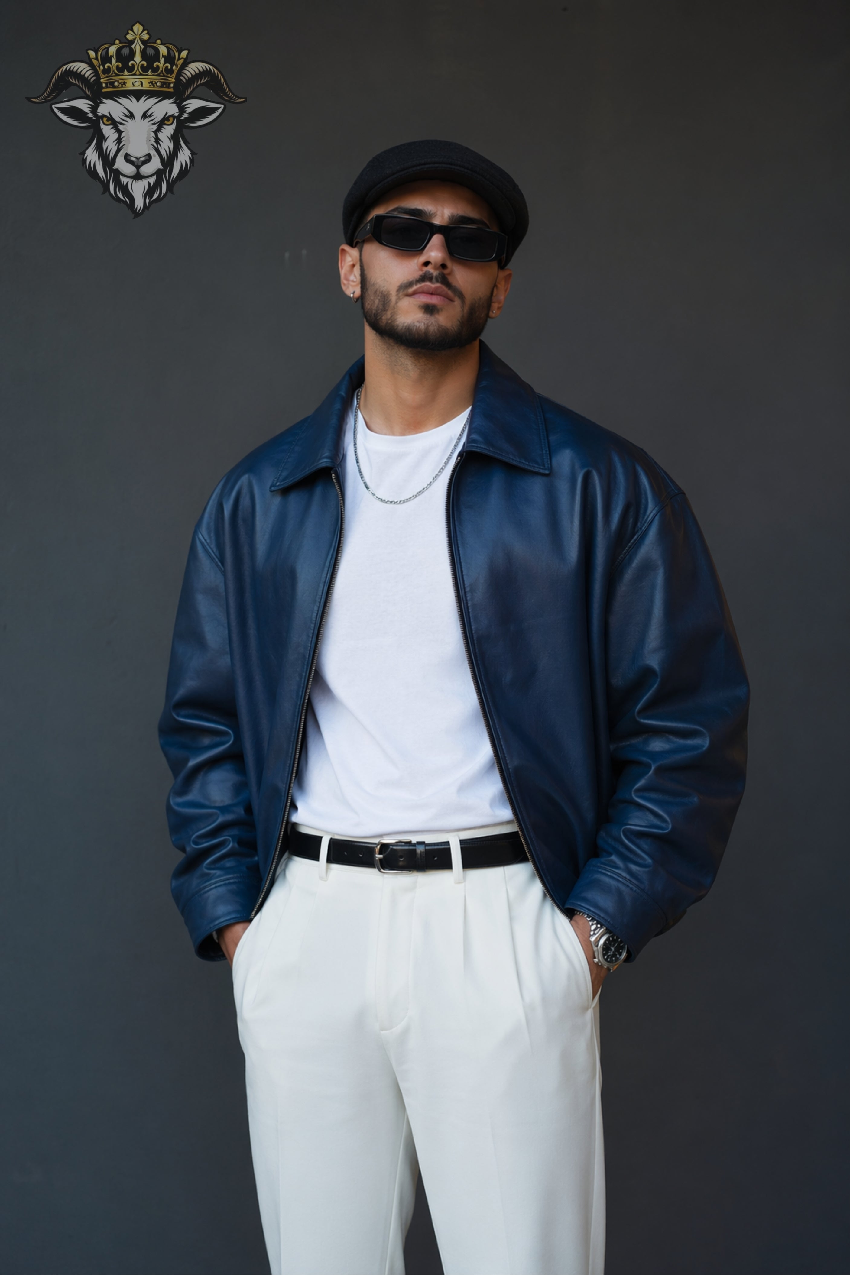 Men’s Oversized Blue Real Leather Bomber Jacket