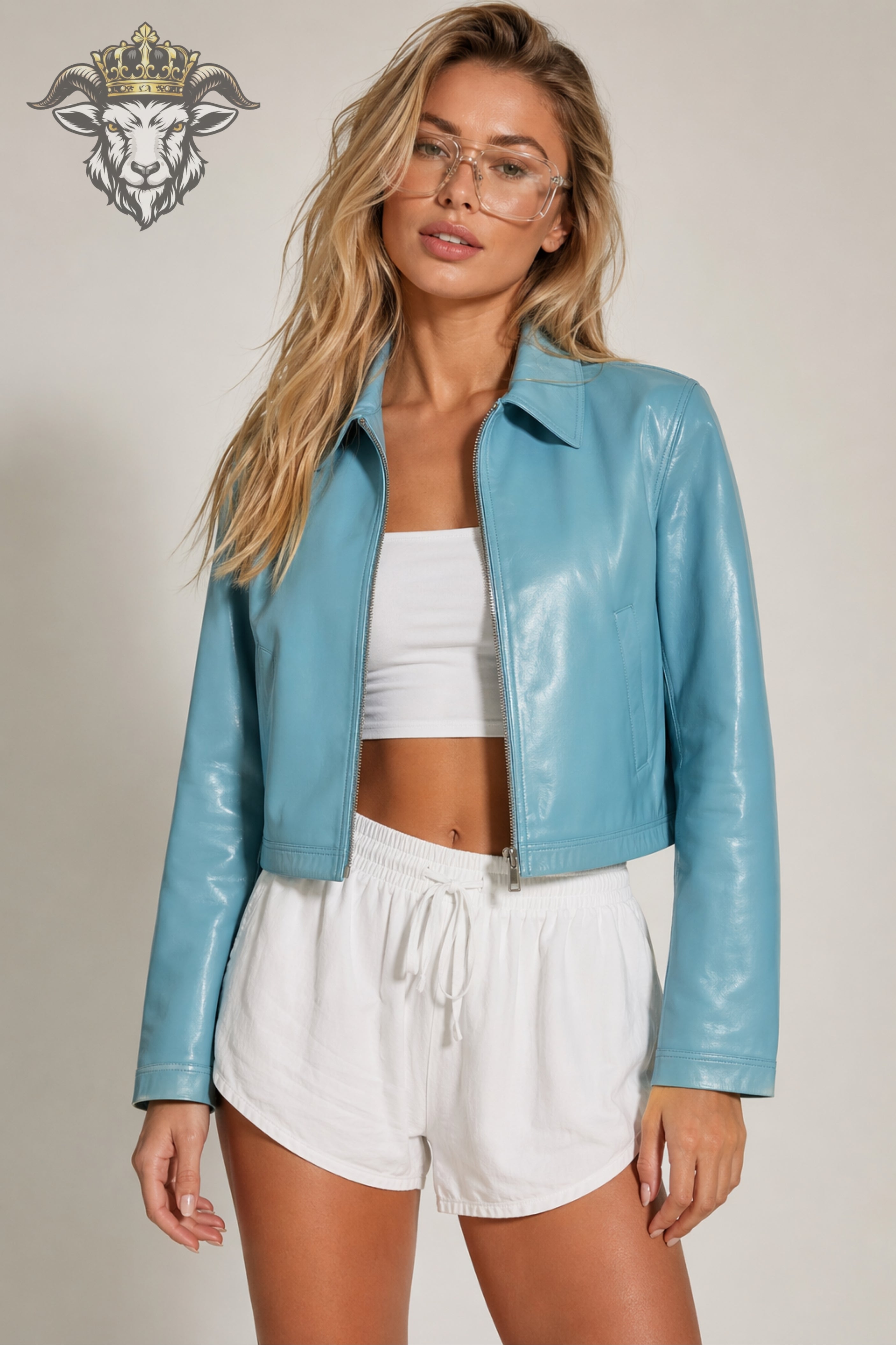 Women’s Cyan Real Leather Cropped Jacket