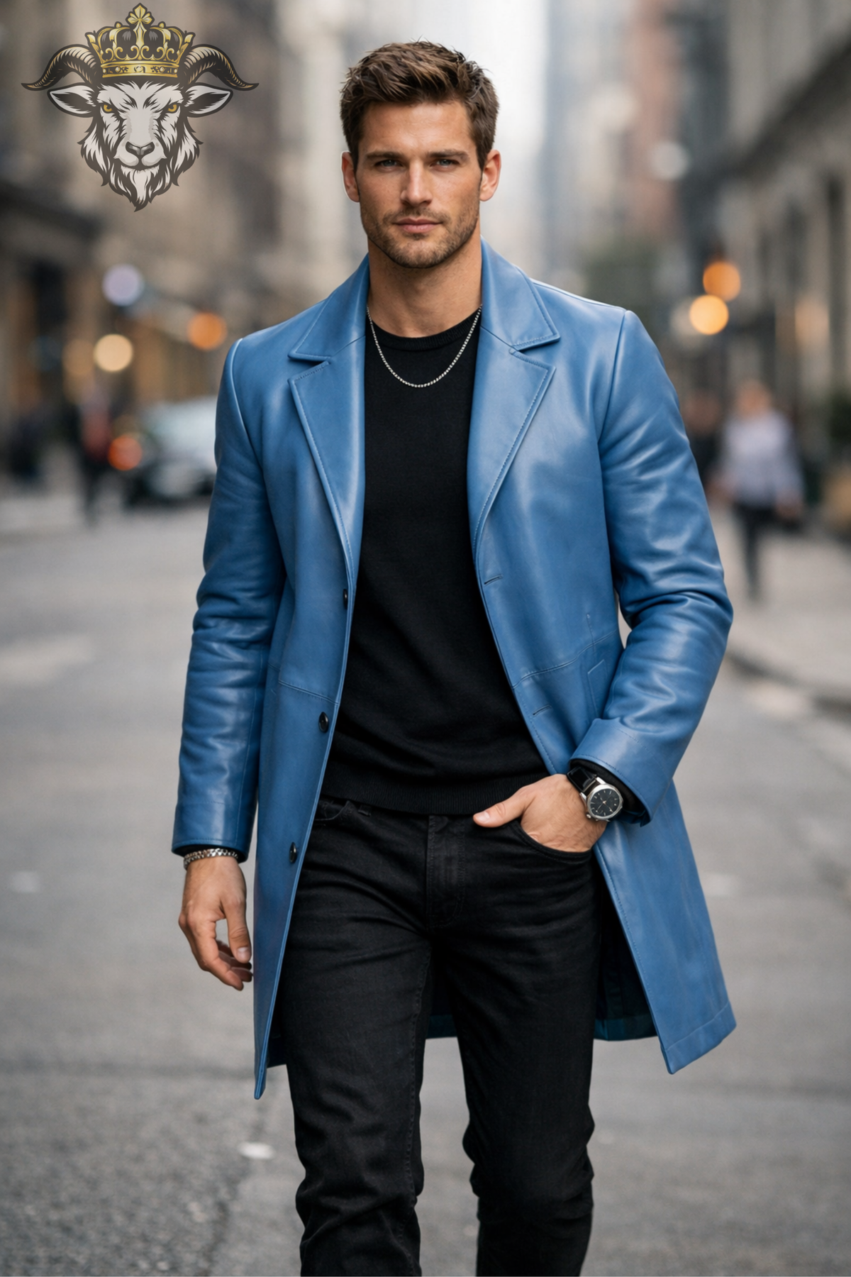 Men's Sky Blue Leather Overcoat, Slim Fit Long Coat, Notch Lapel Jacket, Three Button Front, Modern Designer Style Outerwear