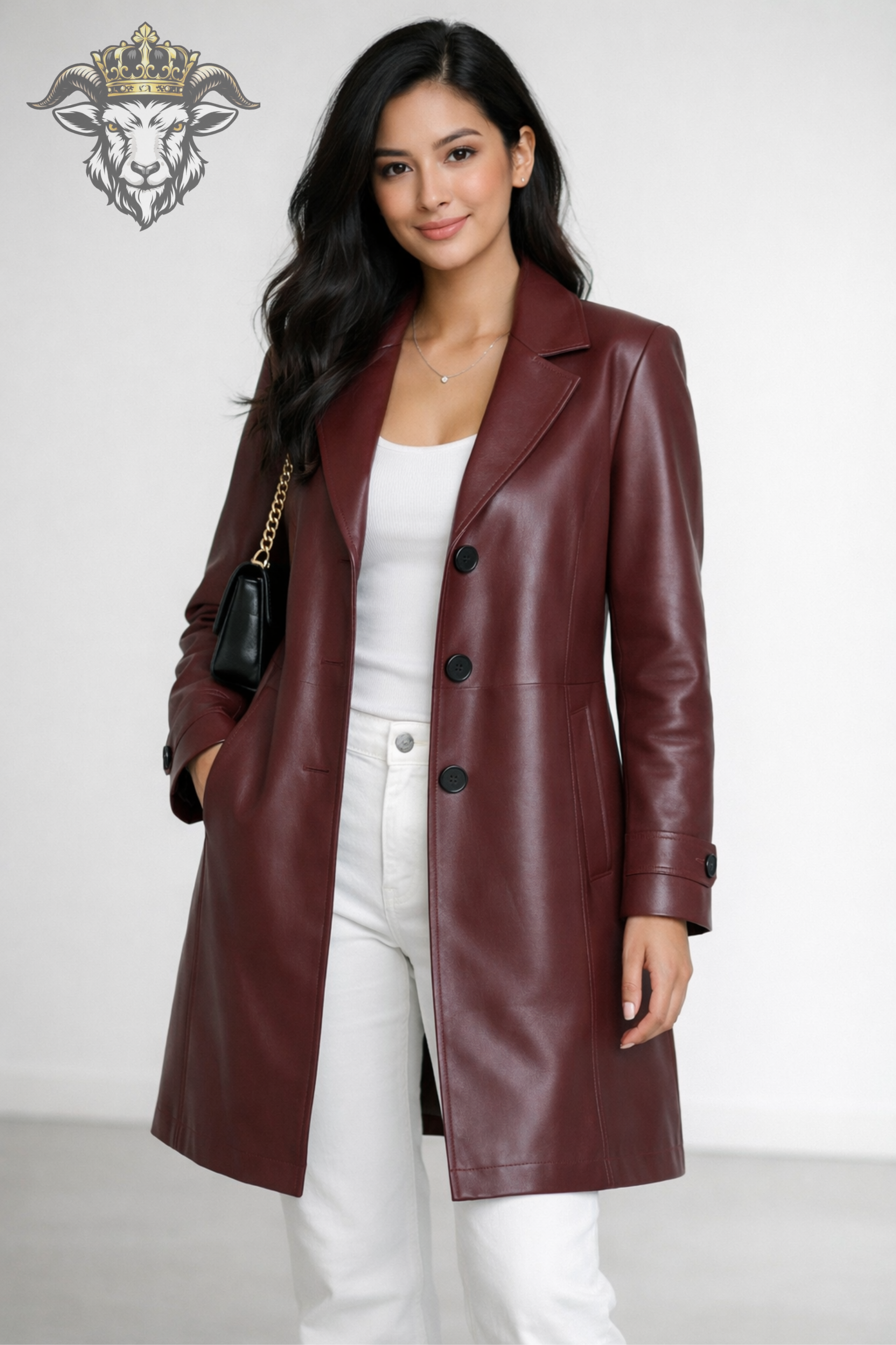 Women’s Burgundy Real Leather Mid-Length Coat