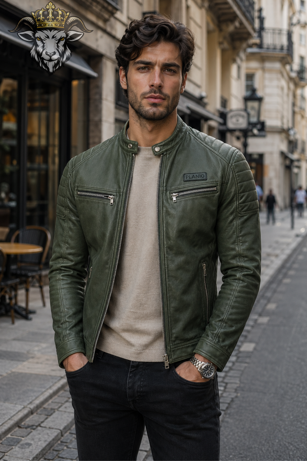 Men’s Olive Green Real Leather Biker Jacket – Slim Fit Café Racer Moto Jacket with Quilted Shoulders & Zip Pockets