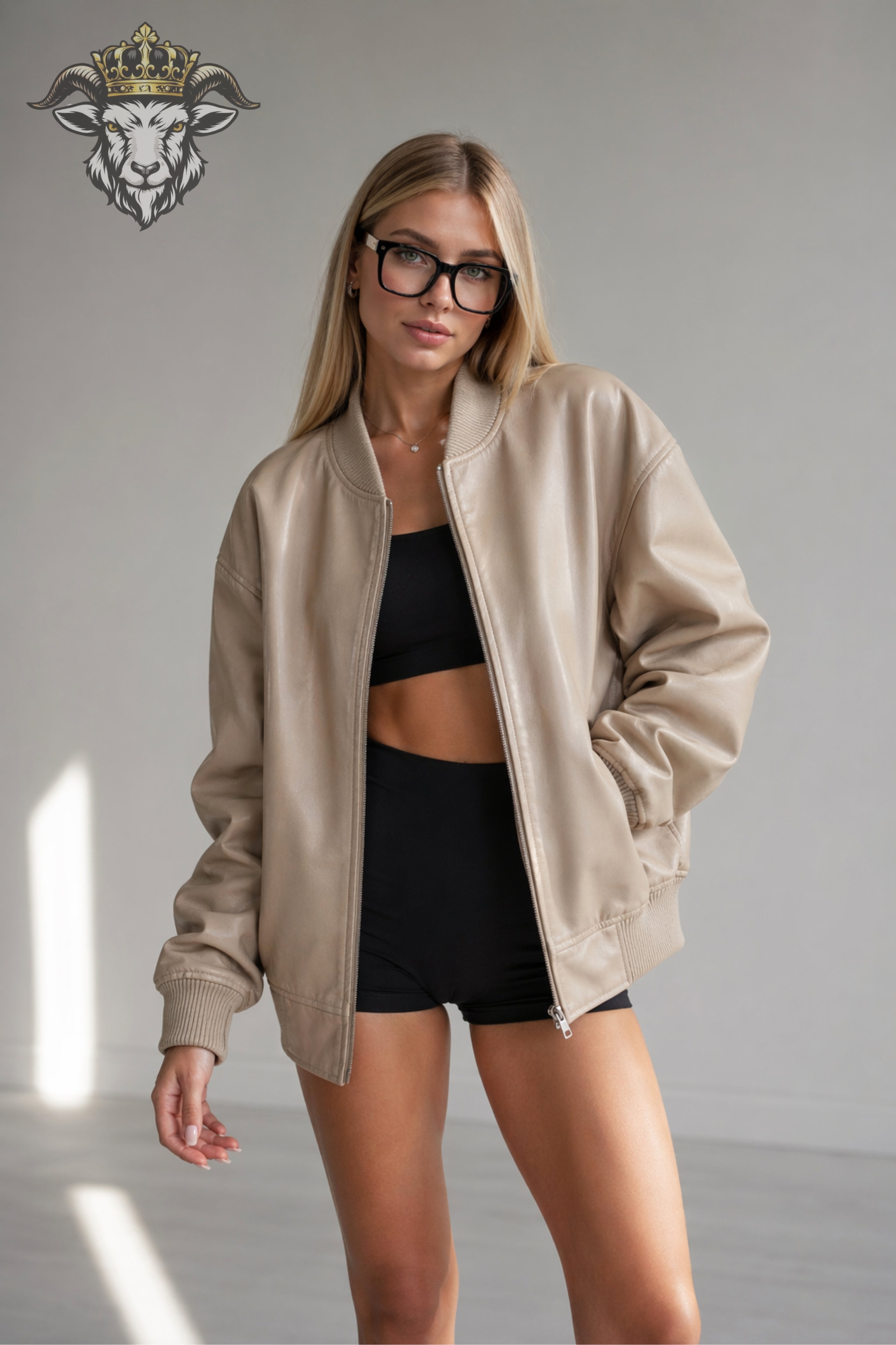 Women’s Beige Oversize Real Leather Bomber Jacket