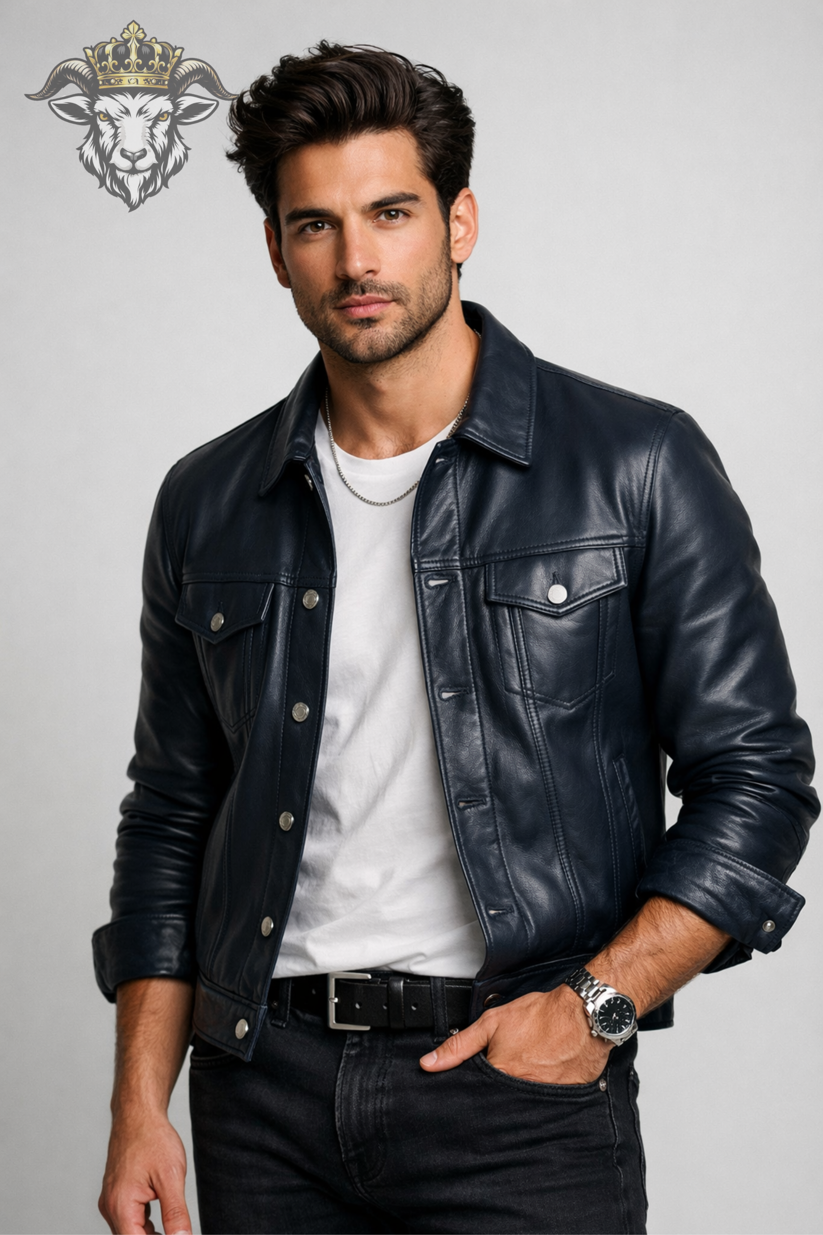 Men’s Navy Blue Real Leather Trucker Jacket