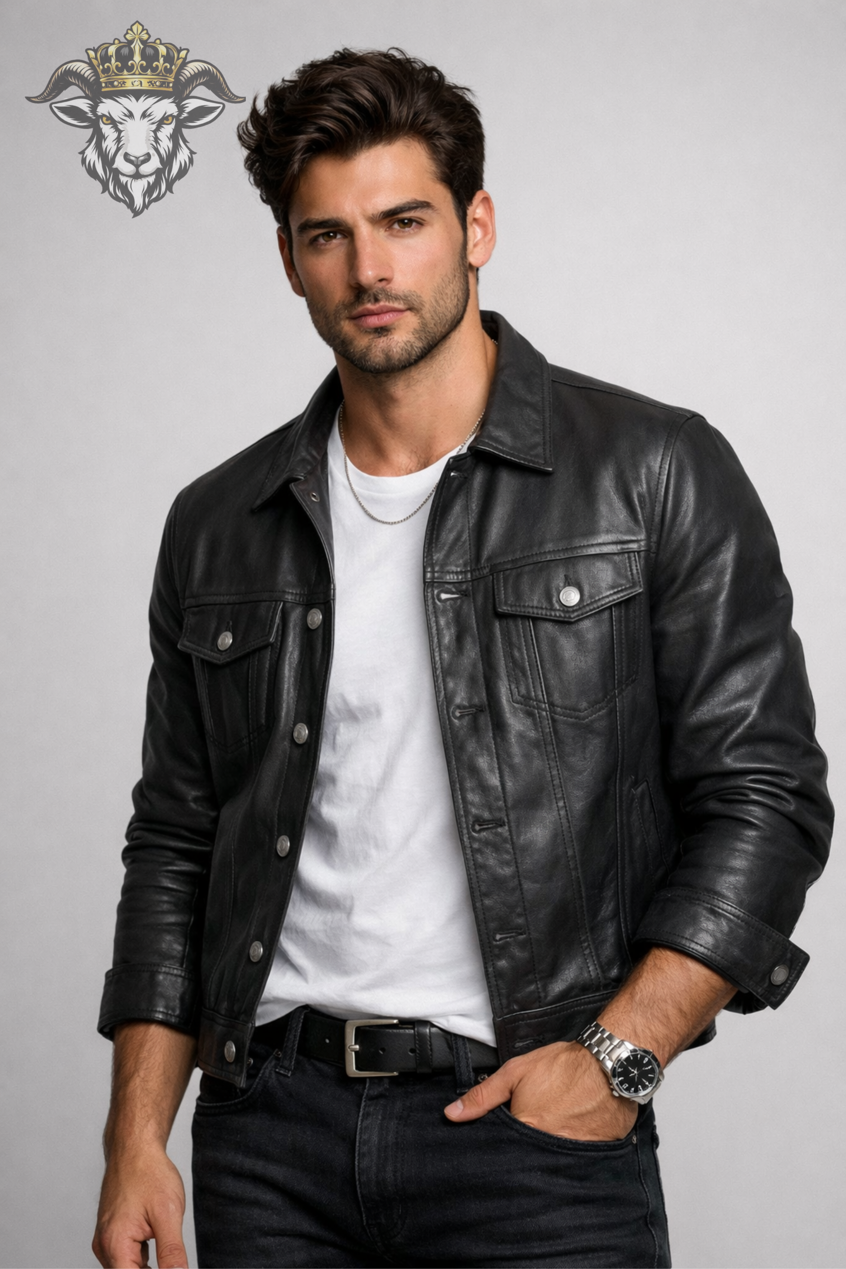 Men’s Charcoal Real Leather Trucker Jacket