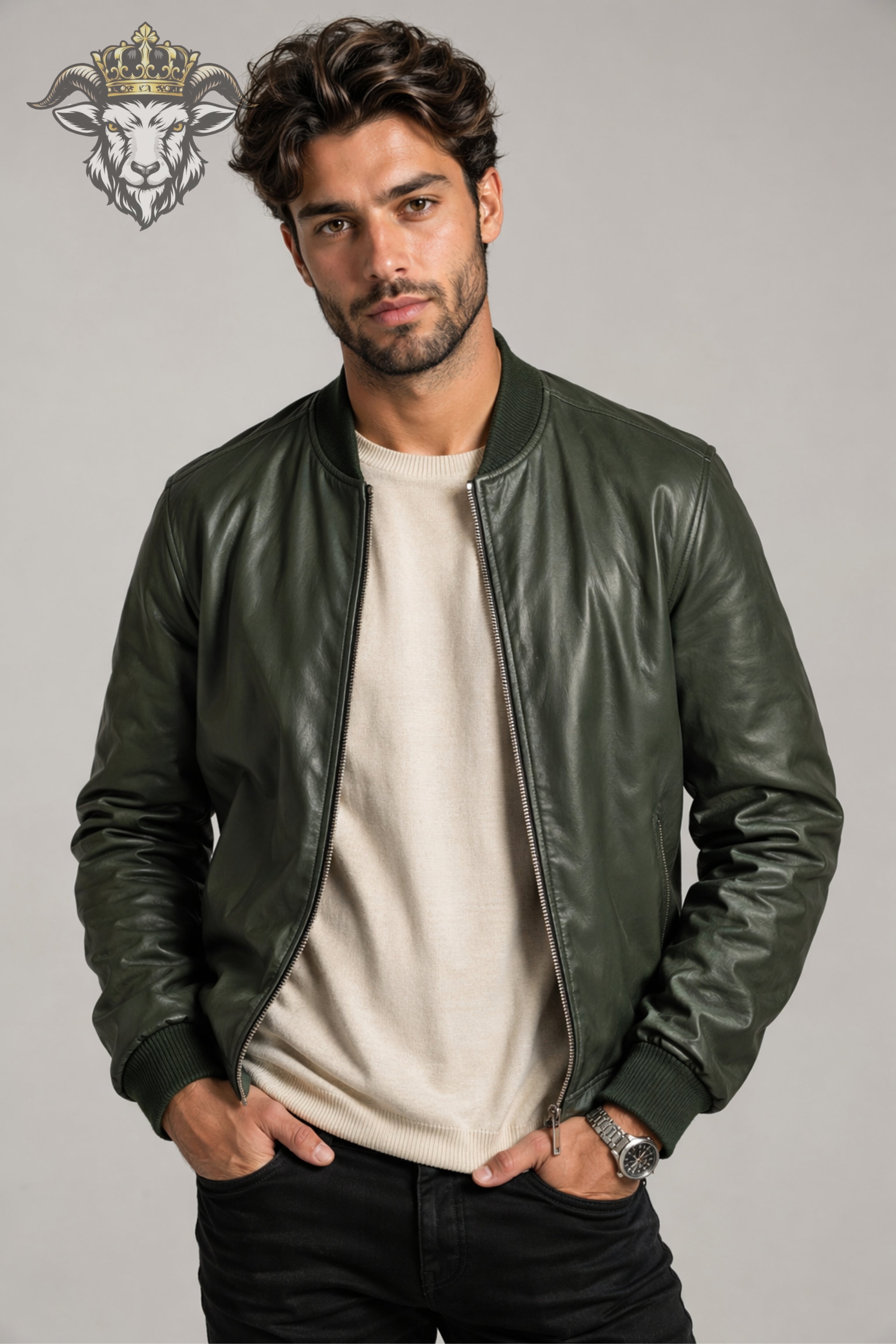 Men’s Green Real Leather Bomber Jacket
