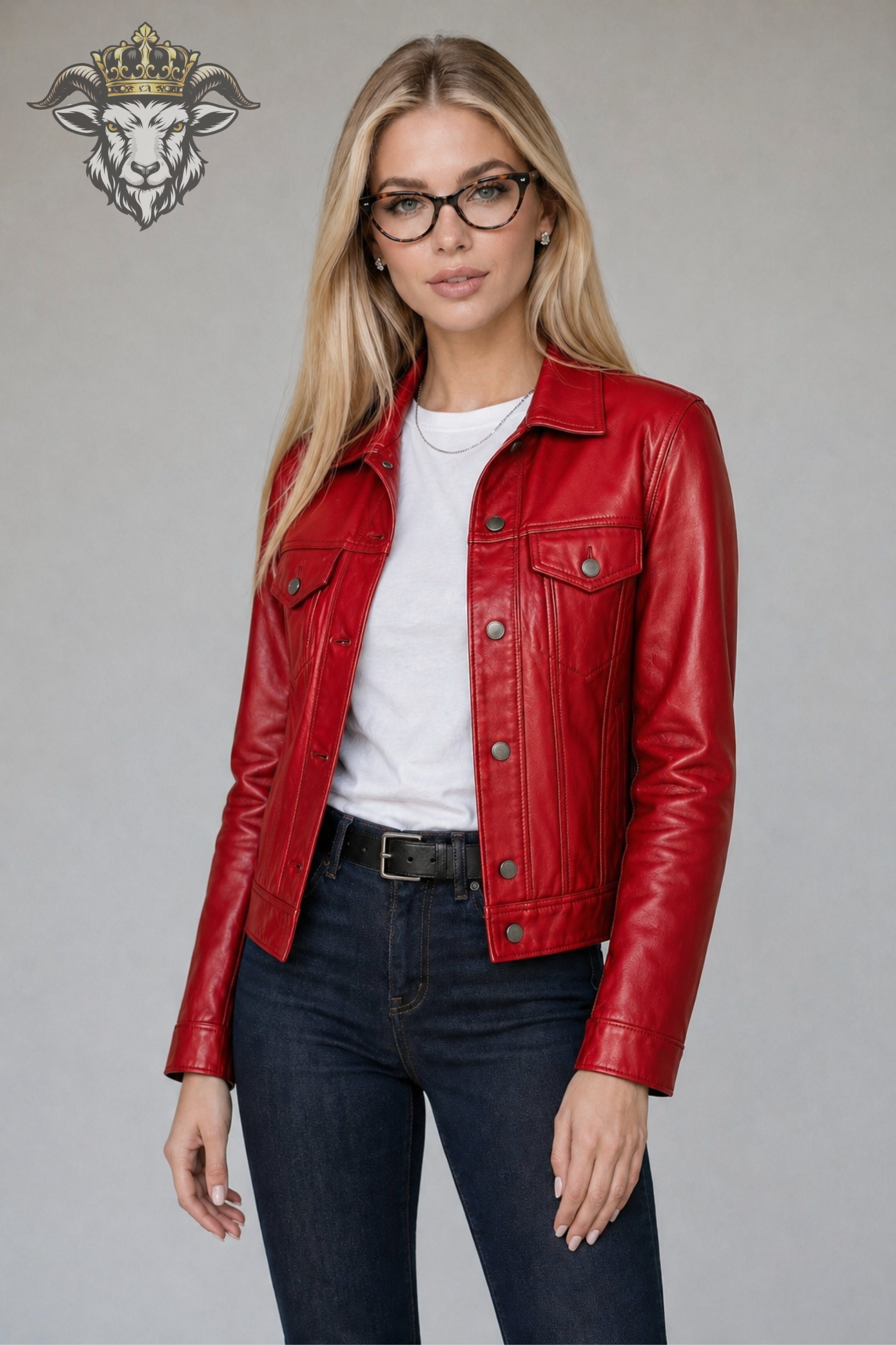Women’s Red Real Leather Trucker Jacket