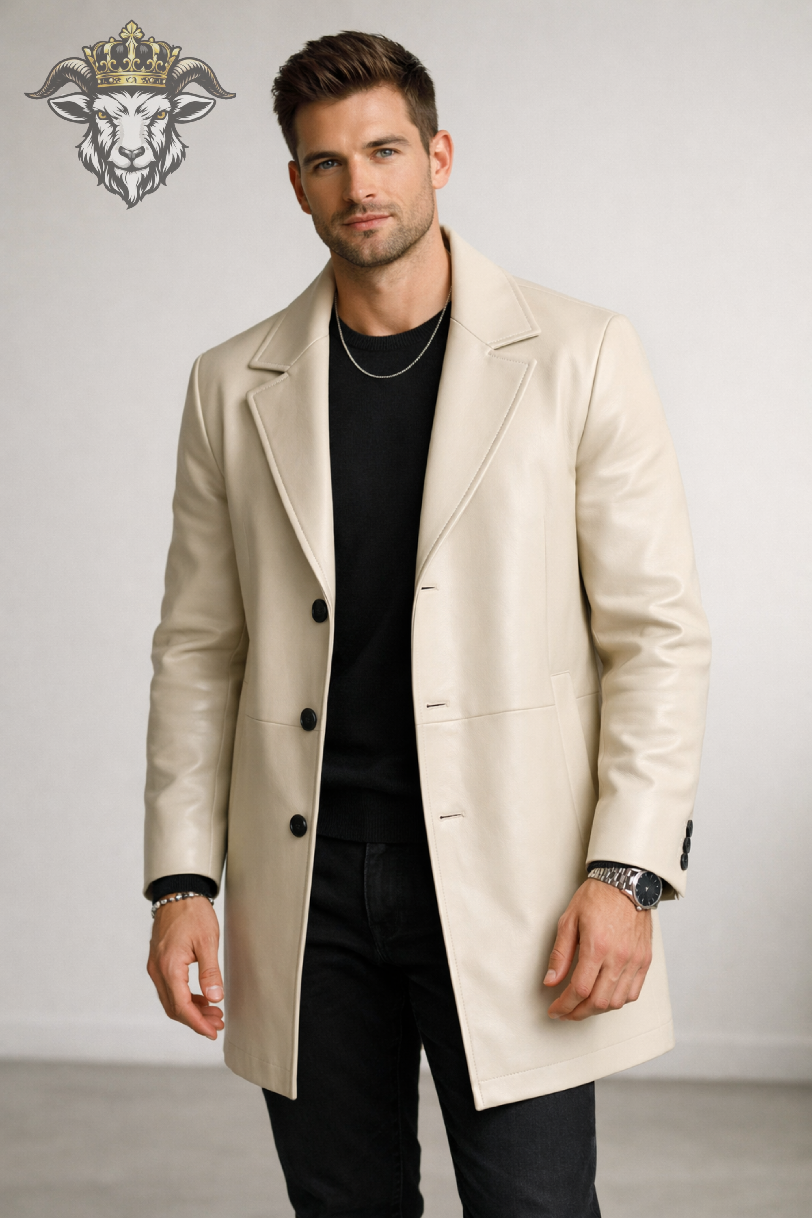 Men’s Cream Real Leather Coat – Mid-Thigh Length Premium Tailored Jacket | Matte Finish, Modern Slim Fit Winter Overcoat