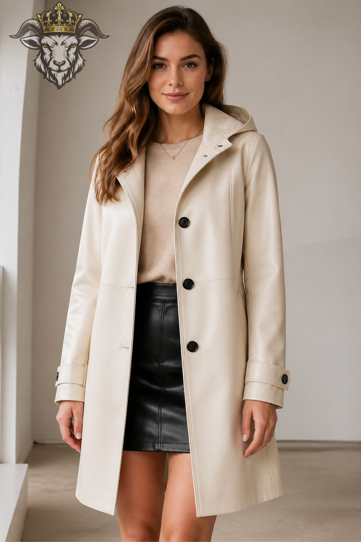 Women's Cream Leather Hooded Coat – Premium Matte Finish, Tailored A-Line Jacket with Black Buttons