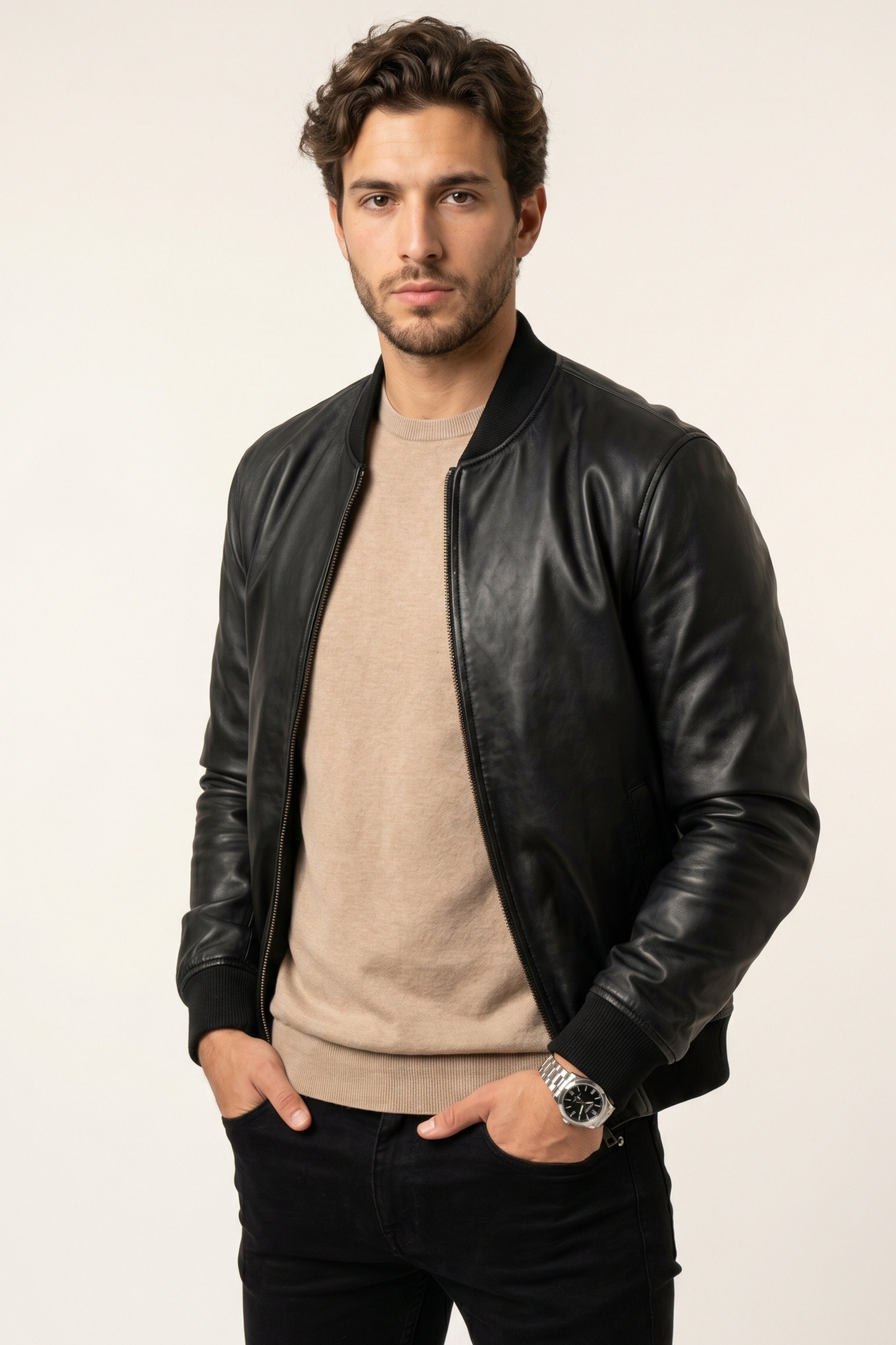 Men’s Black Real Leather Bomber Jacket