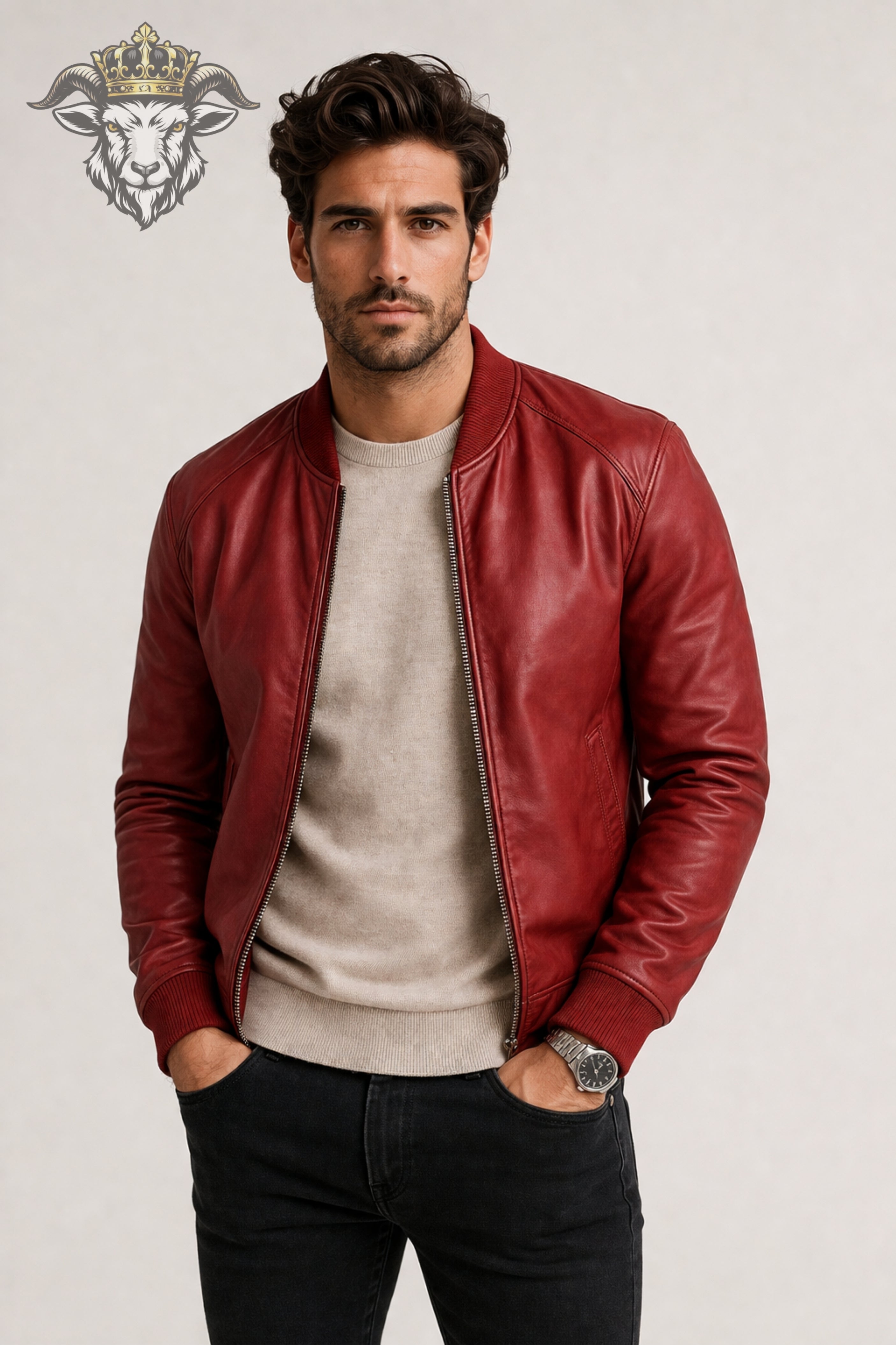 Men’s Red Real Leather Bomber Jacket