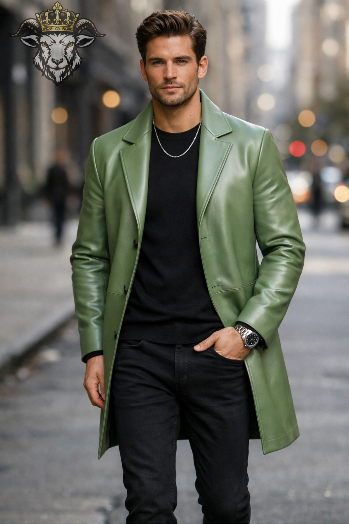 Men's Light Green Real Leather Coat, Tailored Mid-Thigh Leather Jacket, 3 Button Lapel Overcoat, Modern Luxury Mens Outerwear