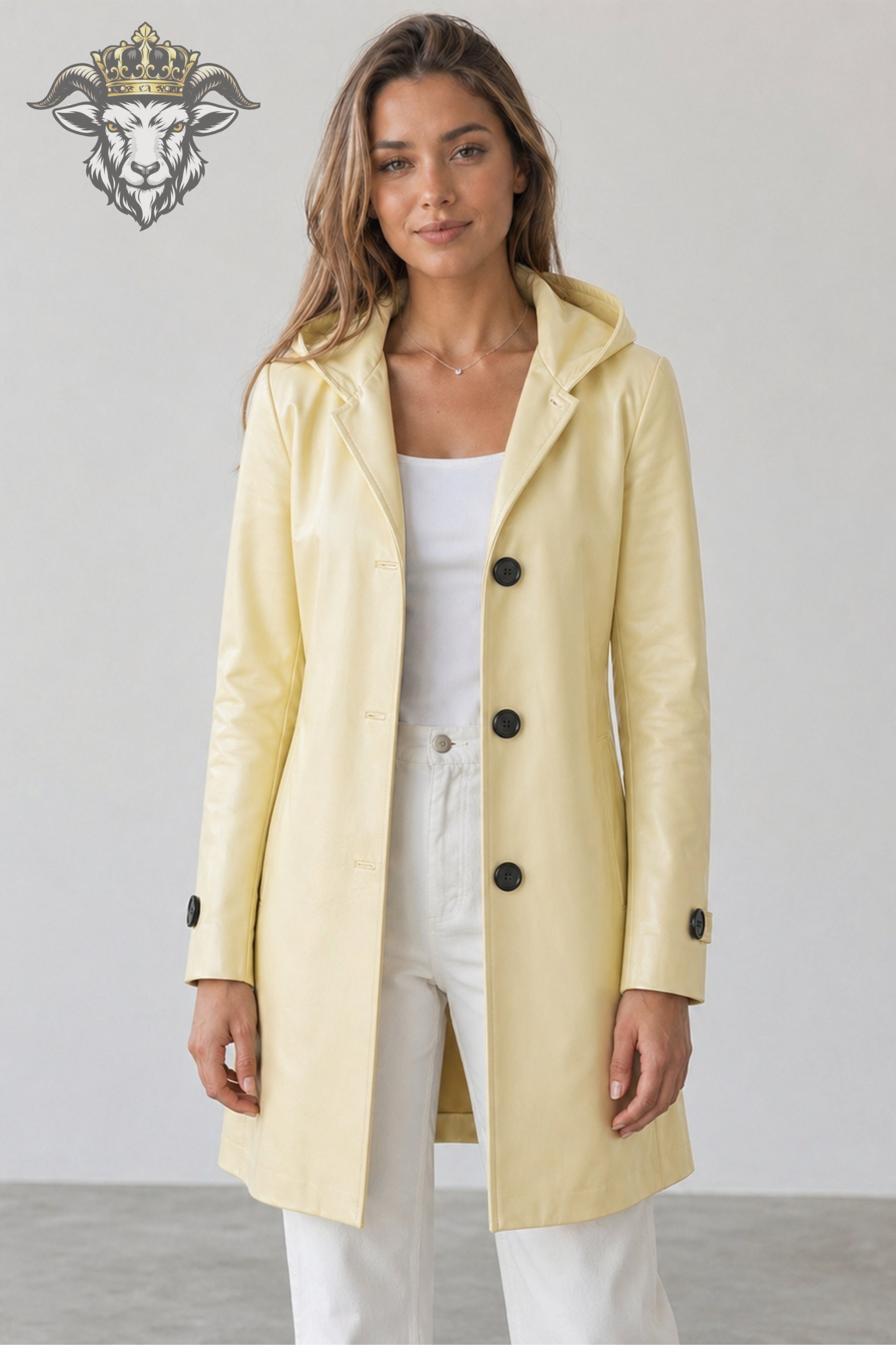 Women’s Pale Yellow Real Leather Hooded Coat