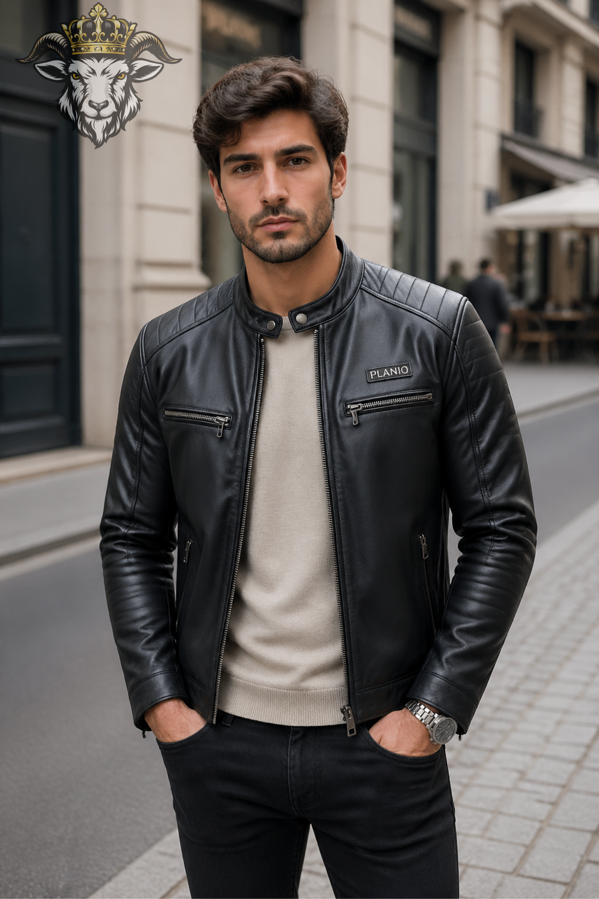 Men's Black Leather Moto Jacket – Slim Fit Biker Jacket with Quilted Shoulders & Zipper Pockets