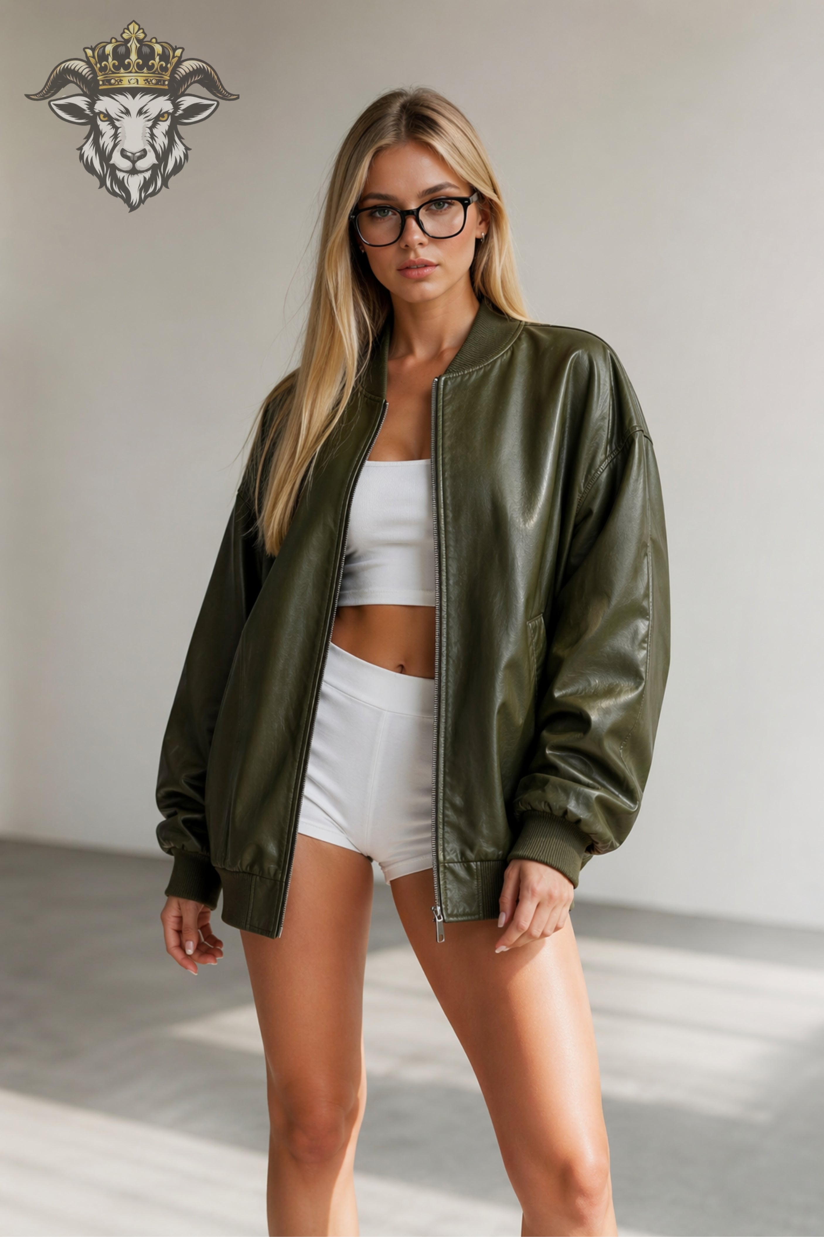 Women’s Green Oversize Real Leather Bomber Jacket