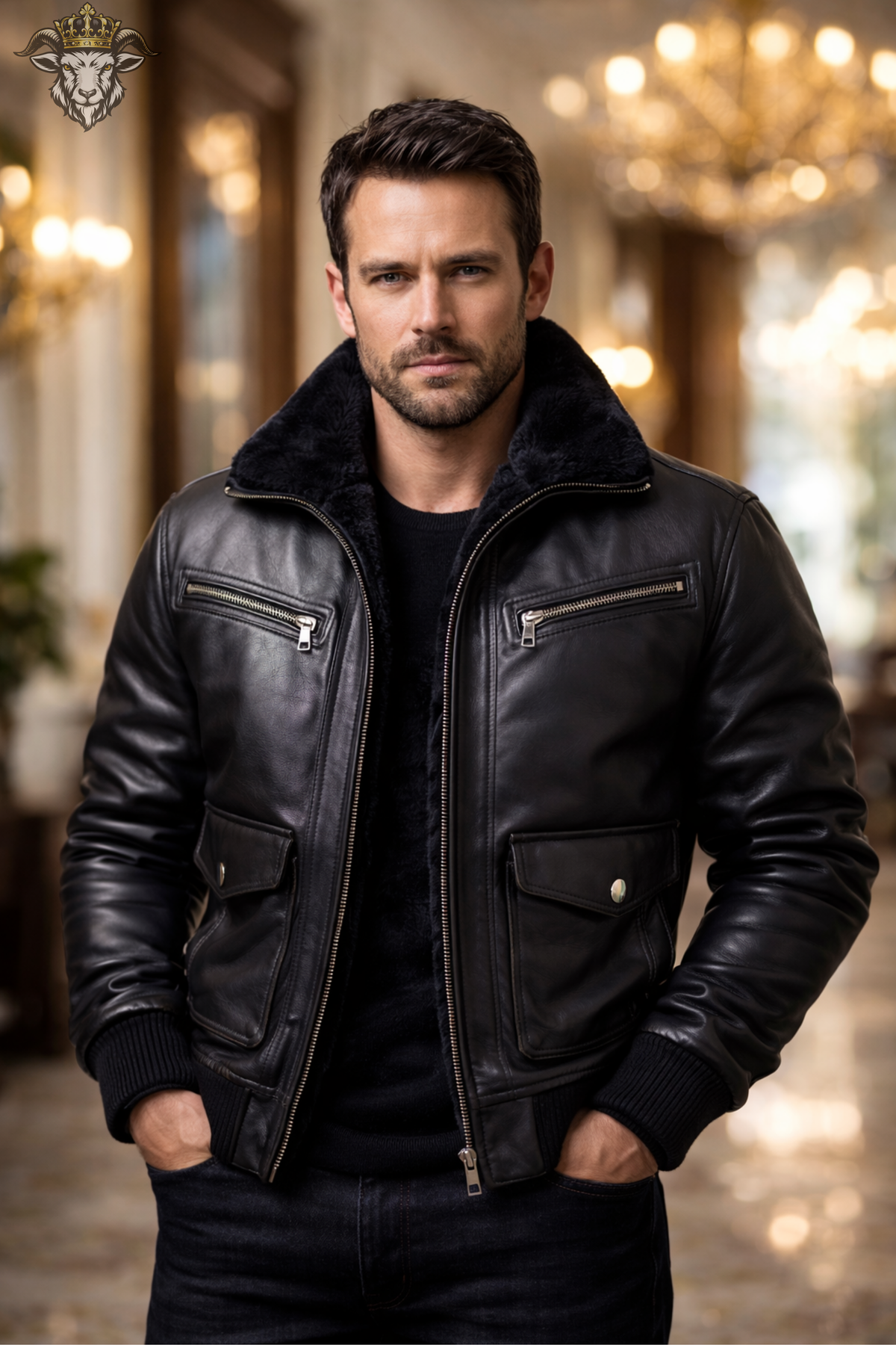 Men’s Black Real Leather Bomber Jacket, Faux Fur Lined Aviator Jacket, Winter Leather Jacket, Classic Mens Outerwear