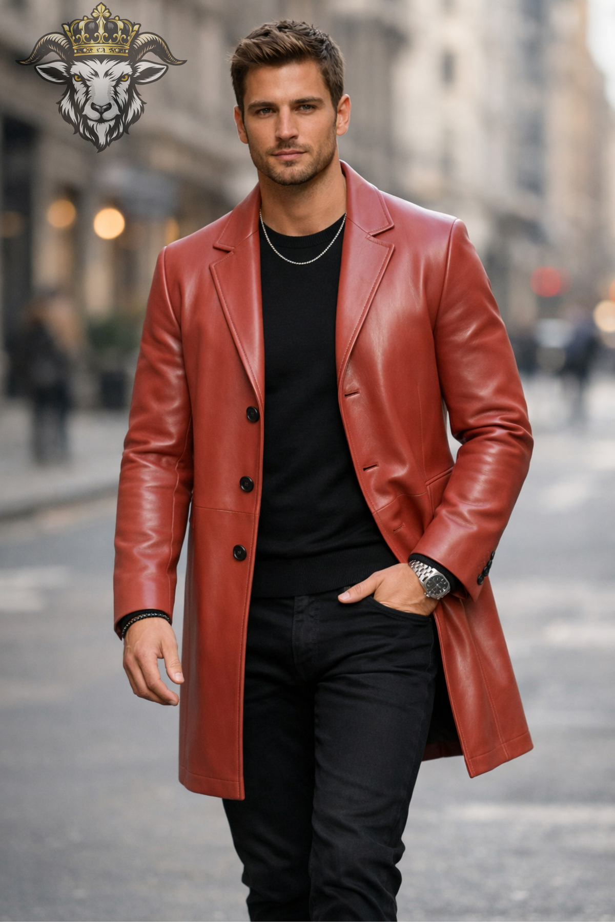 Men's Red Leather Coat, Tailored Mid-Thigh Jacket, 3 Button Blazer Style Outerwear, Sharp Lapel Long Leather Coat, Modern Men's Fashion