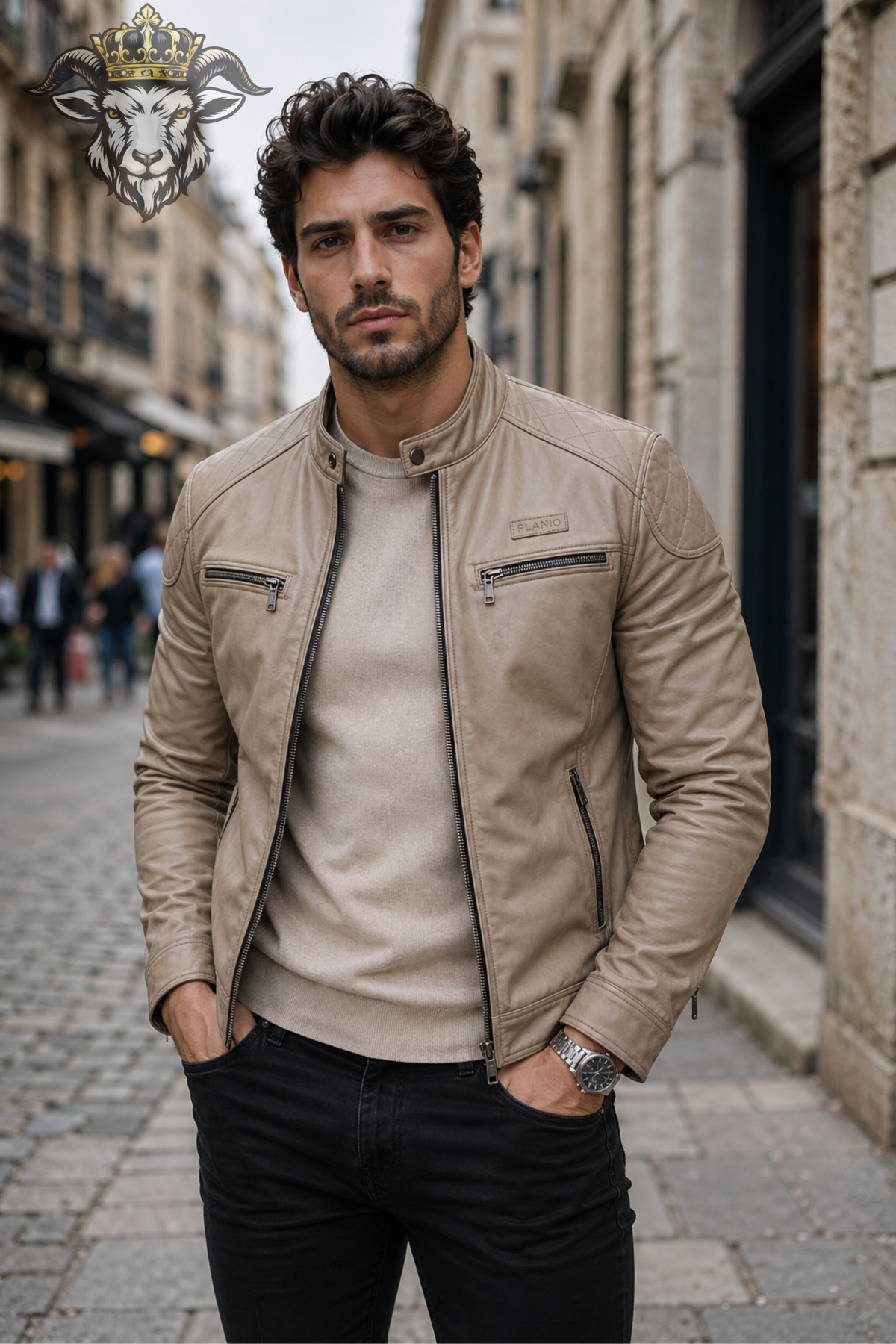Men's Beige Leather Biker Jacket – Slim Fit Real Leather Moto Jacket, Vintage Cafe Racer Jacket with Quilted Shoulders