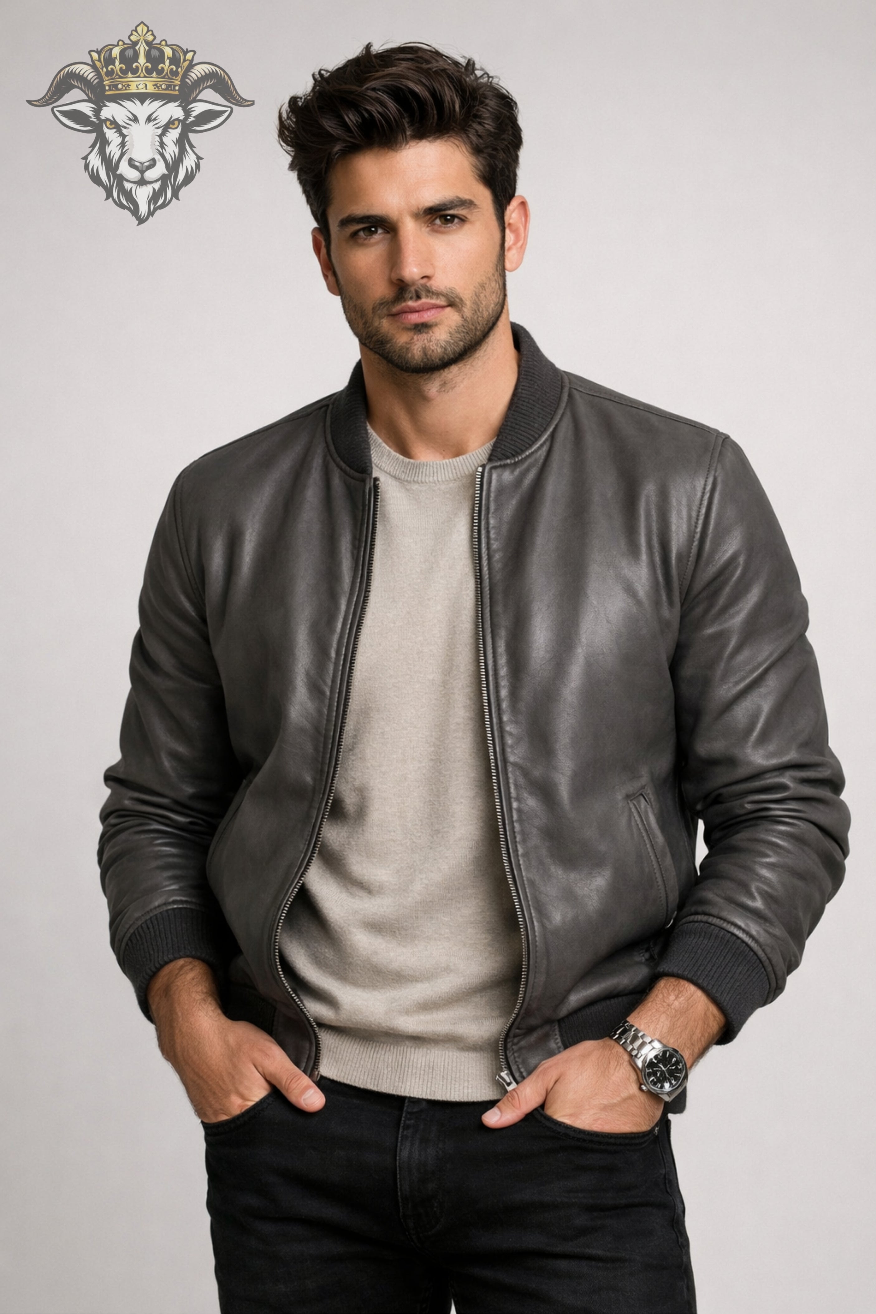 Men’s Grey Real Leather Bomber Jacket