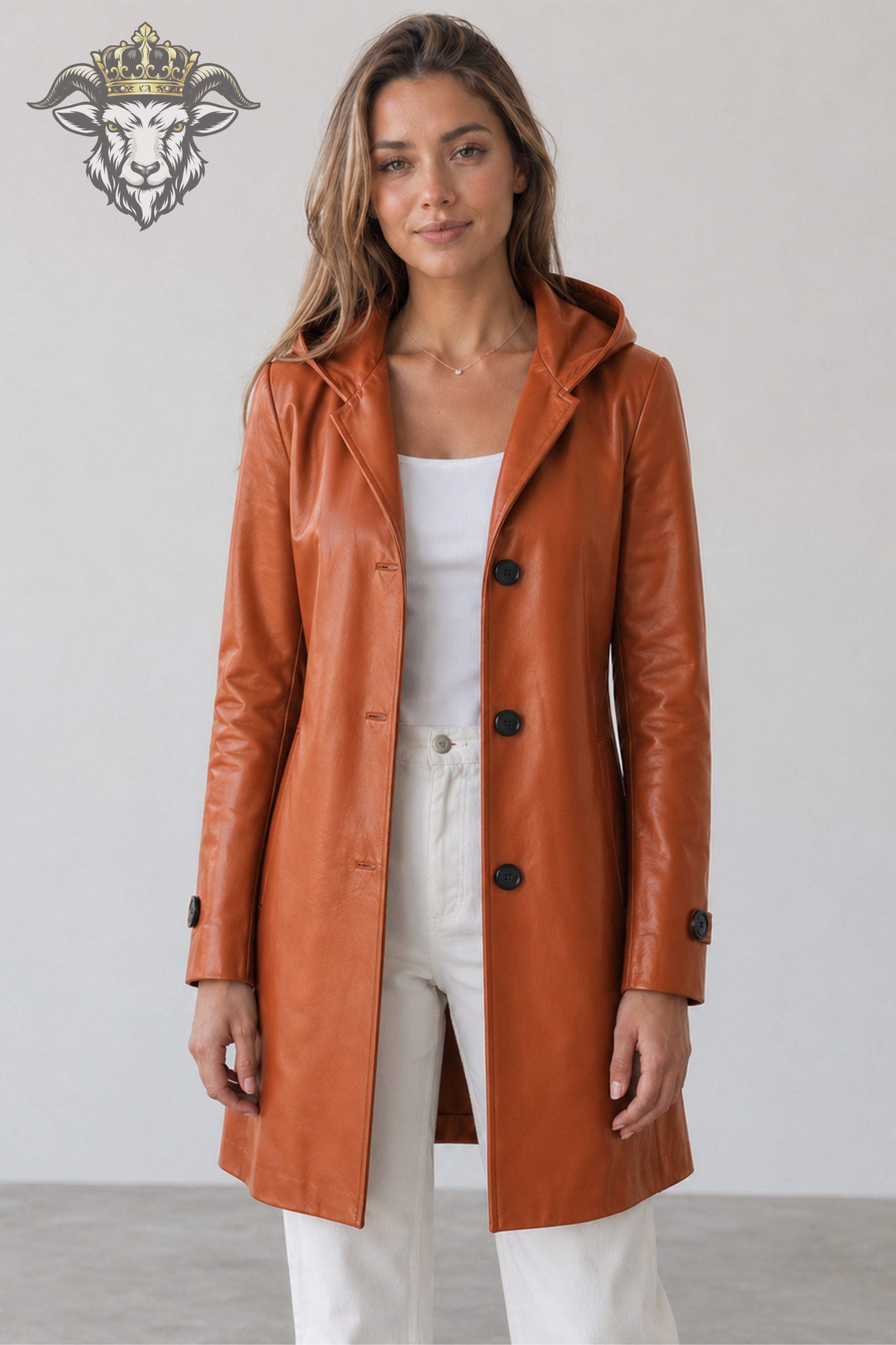 Women’s Burnt Orange Real Leather Hooded Coat