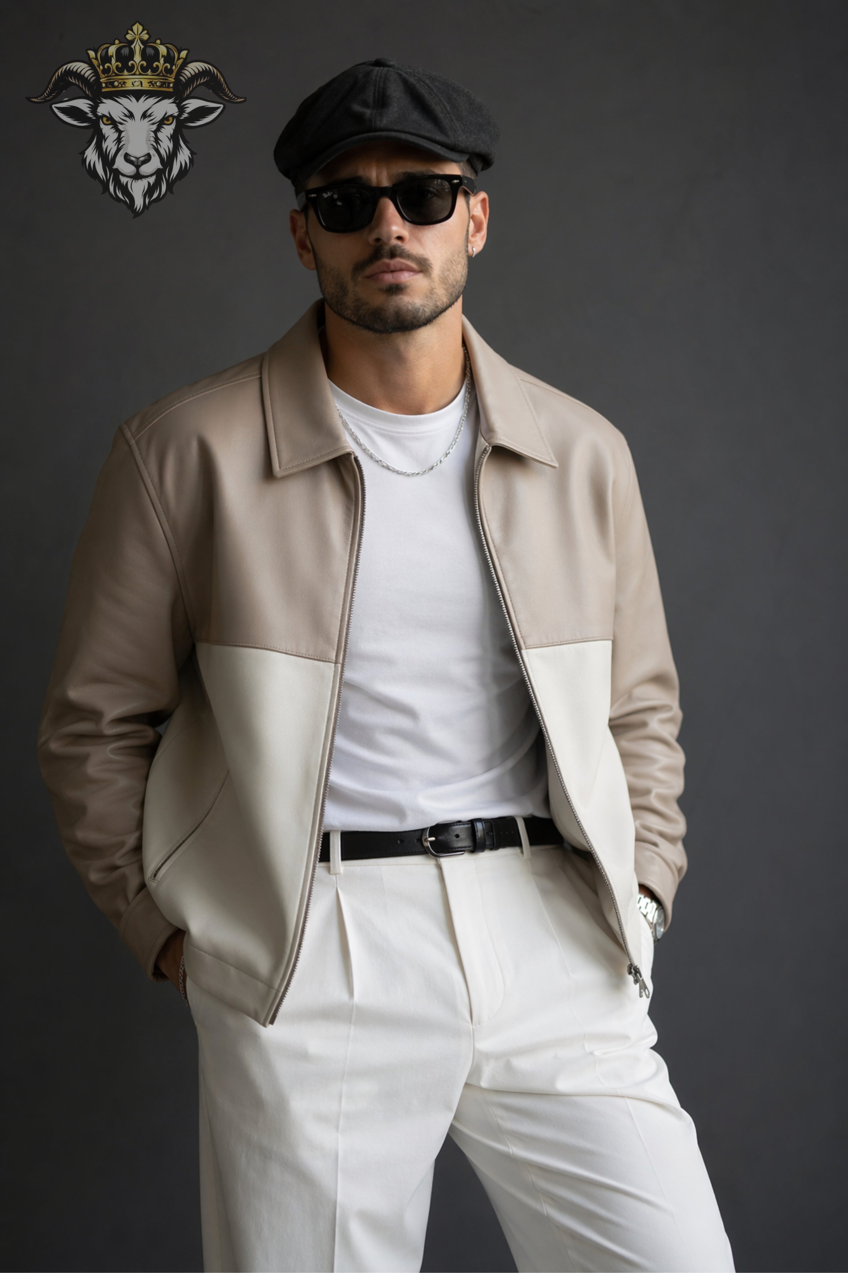 Men’s Two-Tone(Beige/Cream) Oversize Real Leather Bomber Jacket