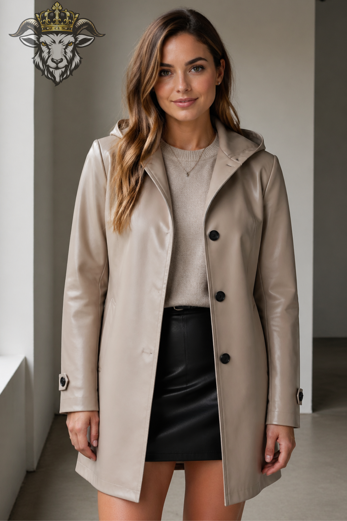 Women’s Beige Leather Hooded Trench Coat – Premium Long Leather Jacket with Black Buttons, Tailored Fit & Elegant Winter Outerwear
