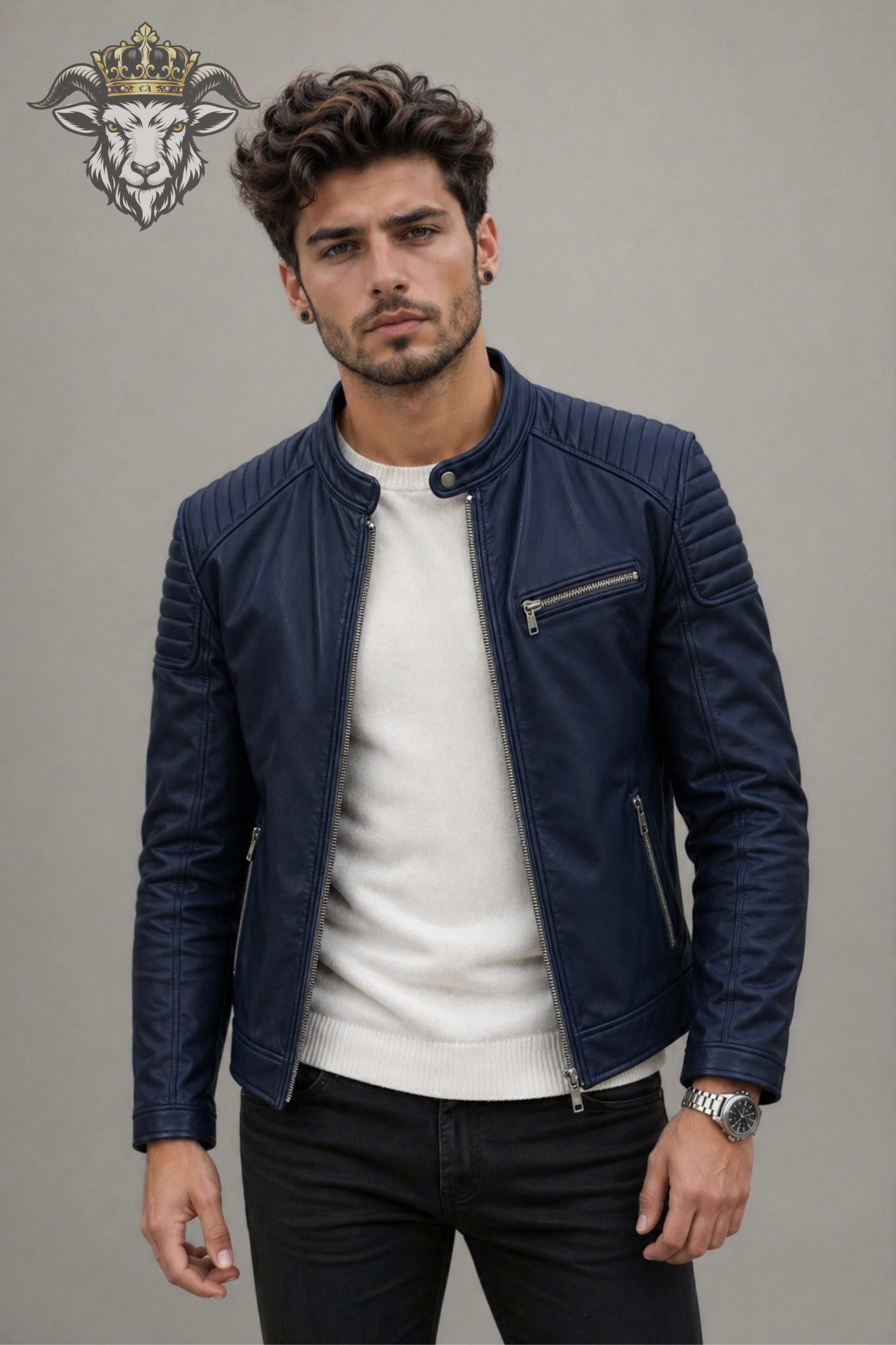 Men’s Navy Blue Real Leather Roadster Jacket