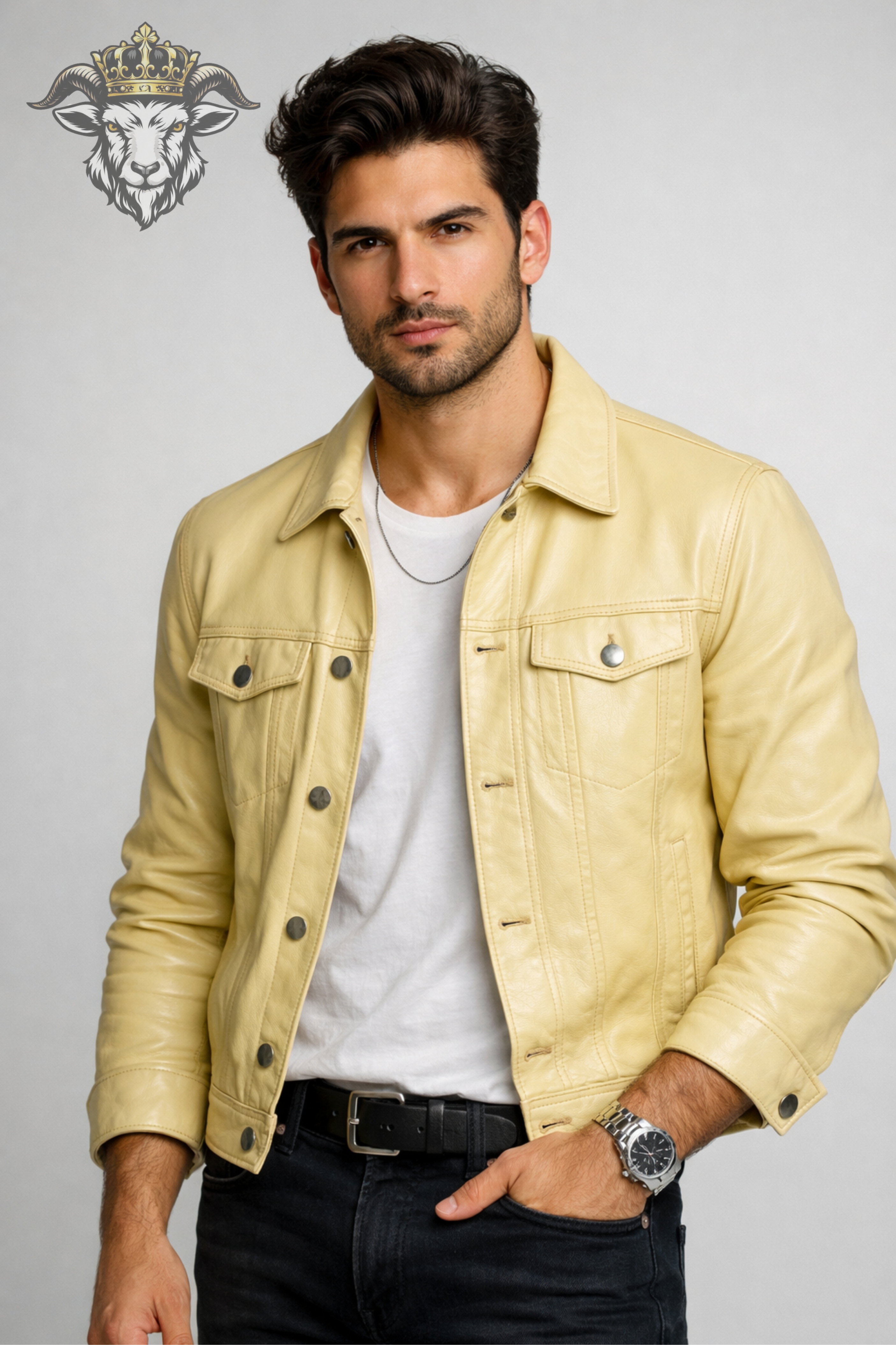 Men’s Pale Yellow Real Leather Trucker Jacket