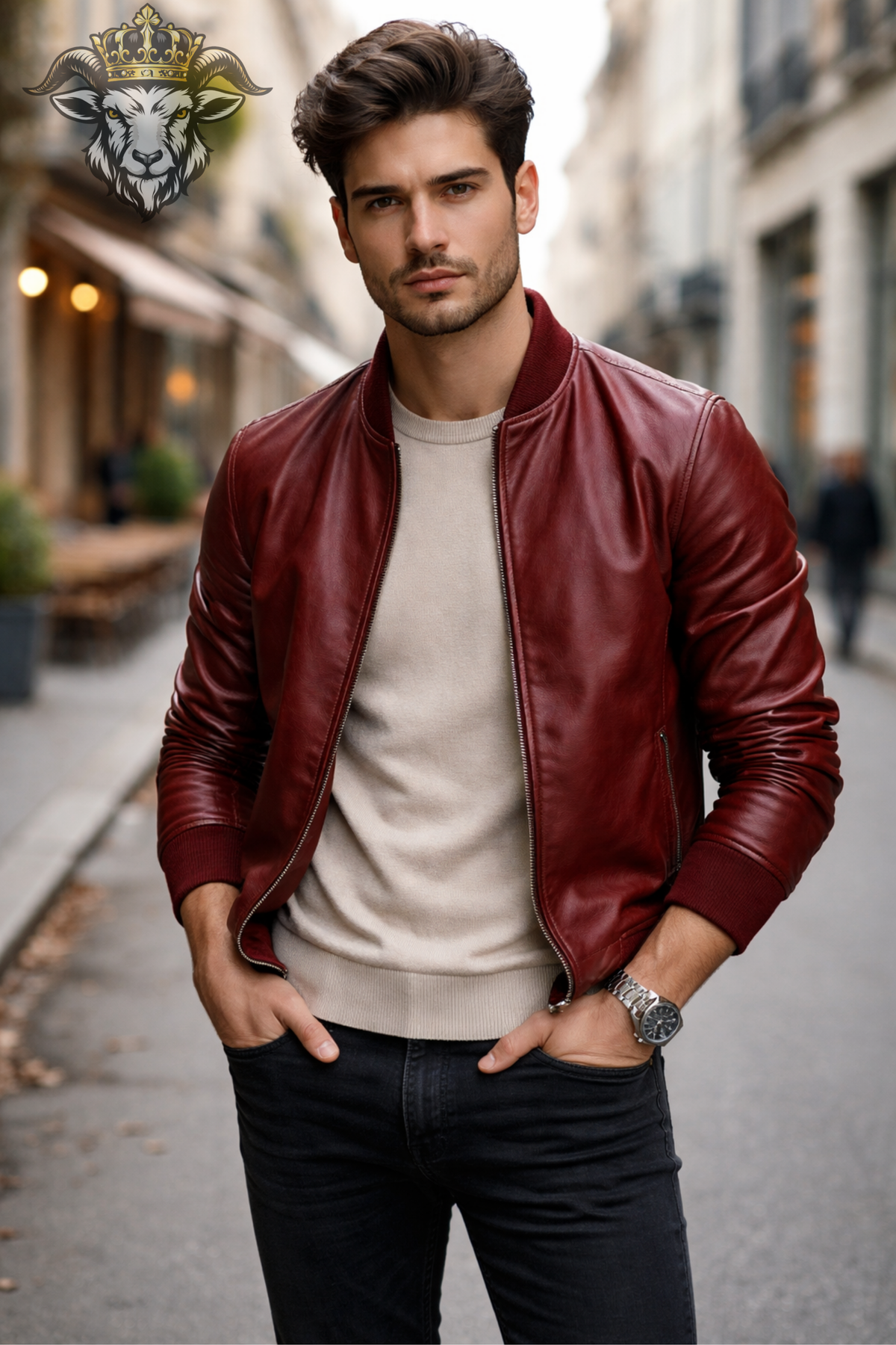 Men's Burgundy Red Leather Bomber Jacket, Ribbed Collar Zip-Up Jacket, Modern Classic Outerwear