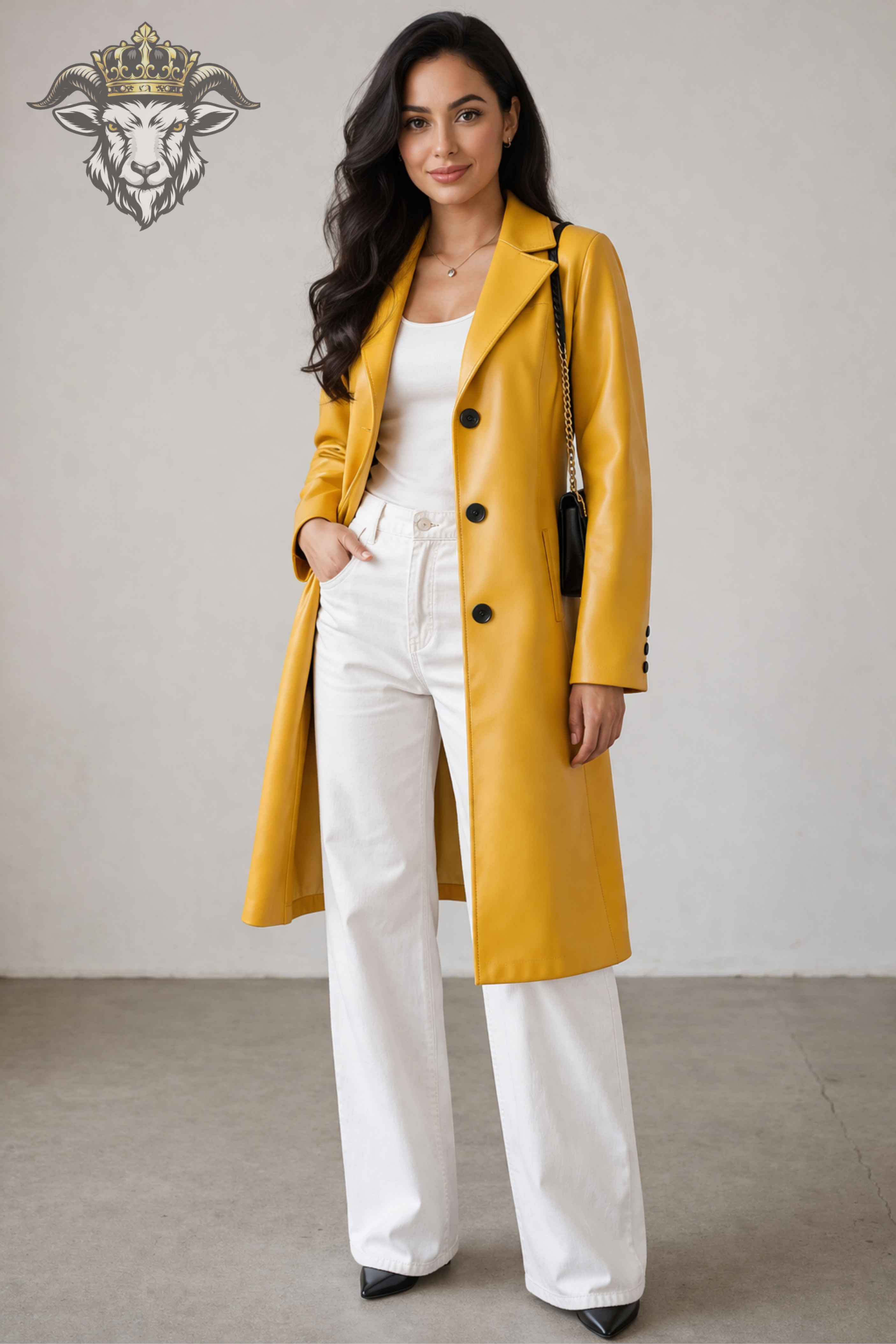 Women’s Real Leather Yellow Trench Coat