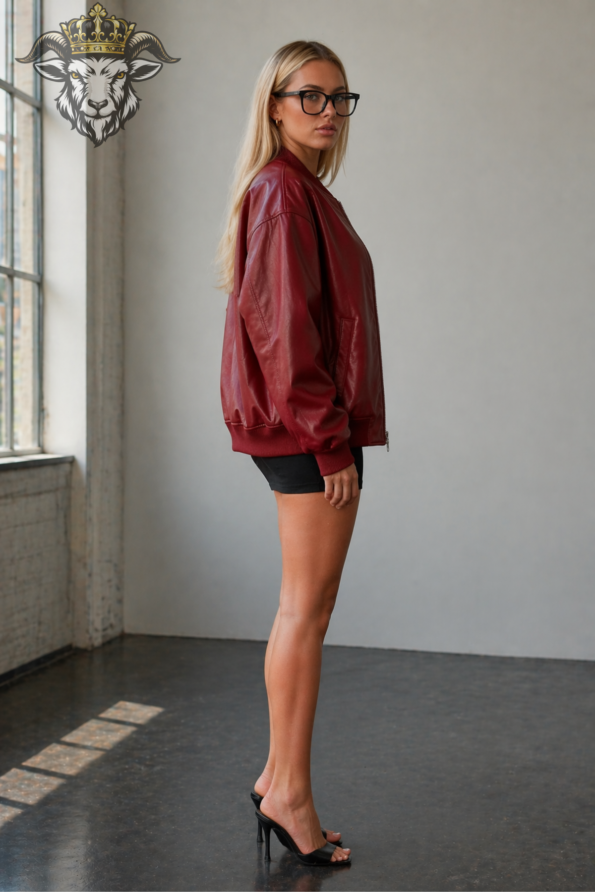 Women's Red Leather Bomber Jacket, Oversized Zip-Up Jacket, Ribbed Collar Streetwear Outerwear