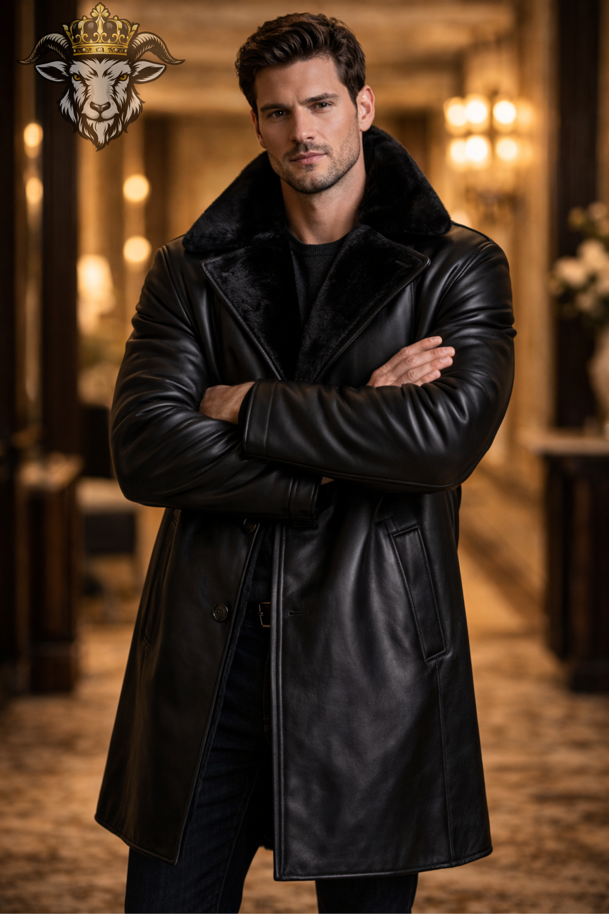 Men's Black Leather Long Coat, Genuine Leather Winter Overcoat, Black Fur Collar Trench Coat, Luxury Button Front Jacket for Men