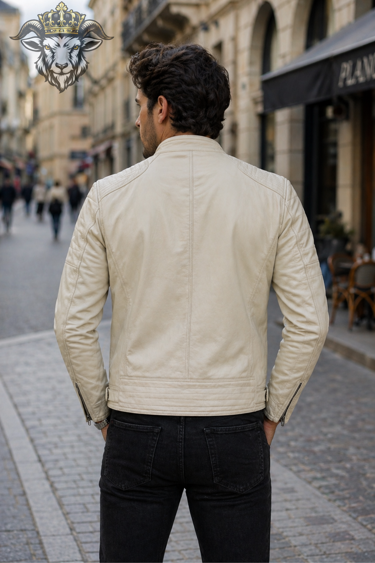 Men's Cream Real Leather Biker Jacket, Slim Fit Cafe Racer Moto Jacket, PLANIO Quilted Motorcycle Jacket, Zip Pocket Outerwear