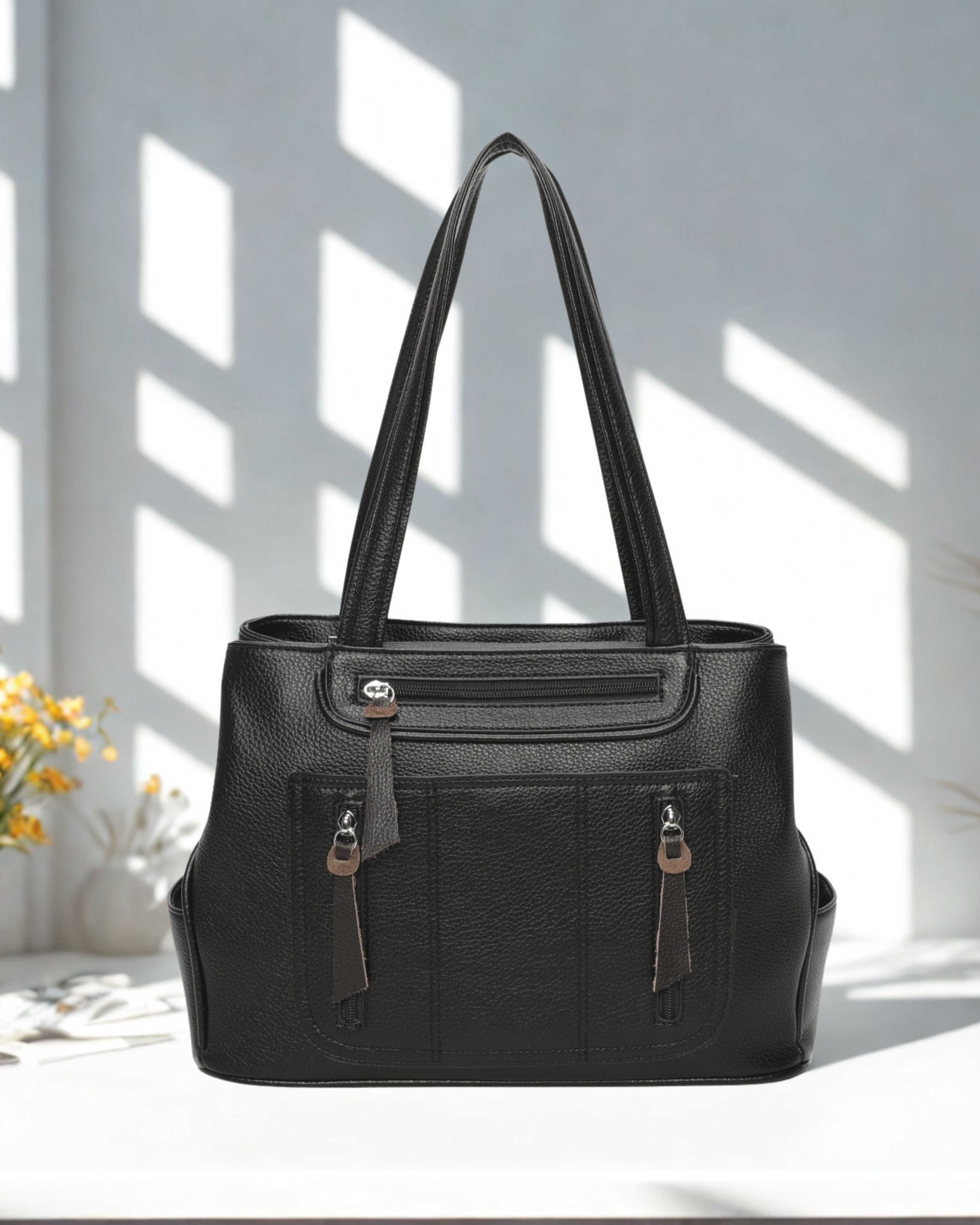 Women’s Multi Pocket Tote Shoulder Bag – Top Zip Closure, Double Compartment Handbag