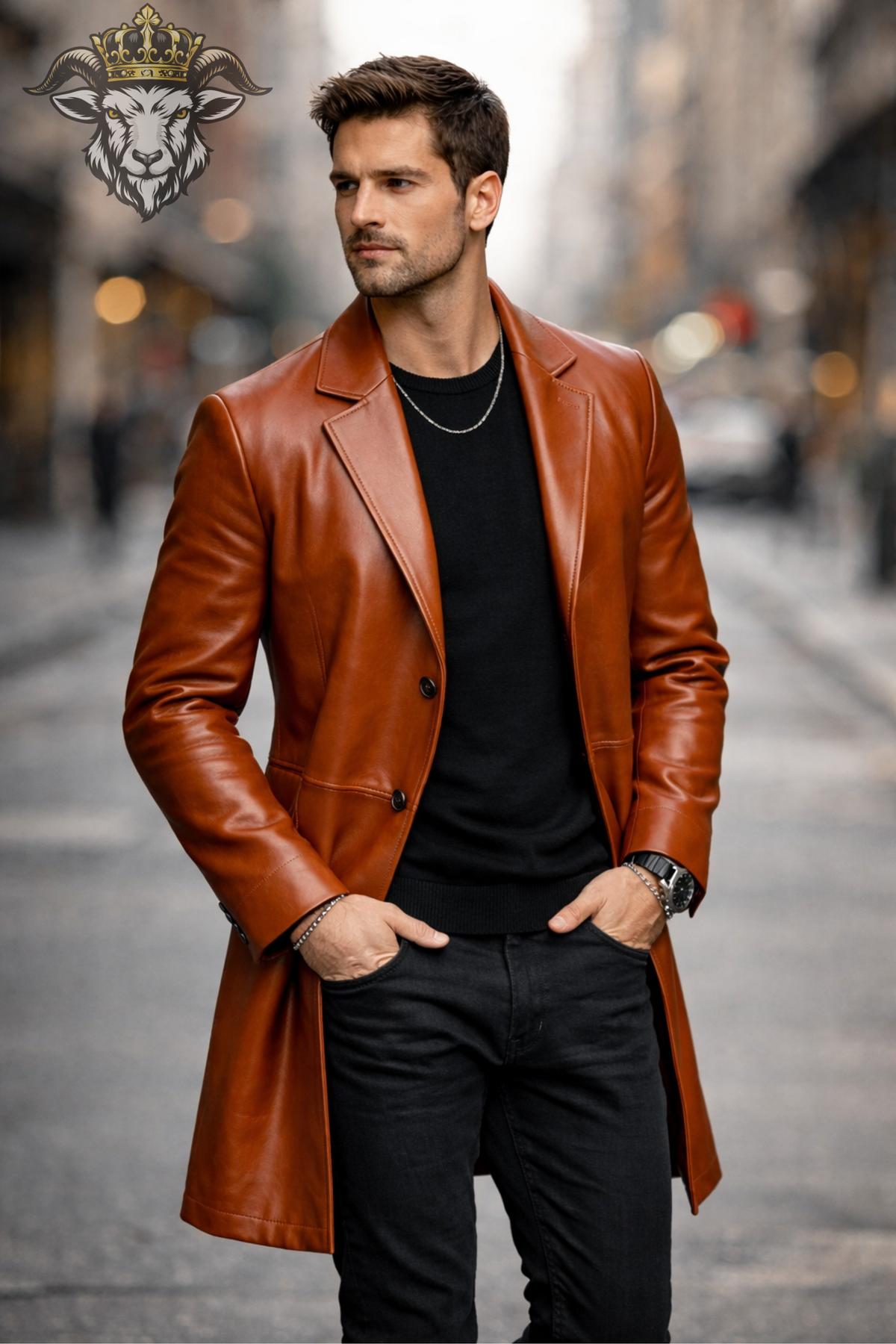 Men's Burnt Orange Leather Overcoat, Slim Fit Long Coat, Classic Notch Lapel Jacket, Three Button Front, Luxury Style Outerwear