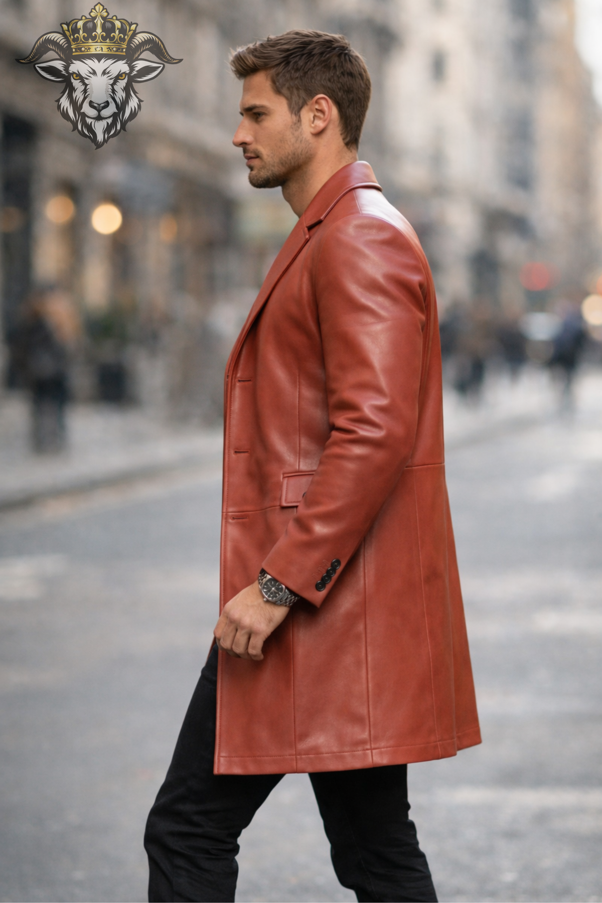 Men's Red Leather Coat, Tailored Mid-Thigh Jacket, 3 Button Blazer Style Outerwear, Sharp Lapel Long Leather Coat, Modern Men's Fashion
