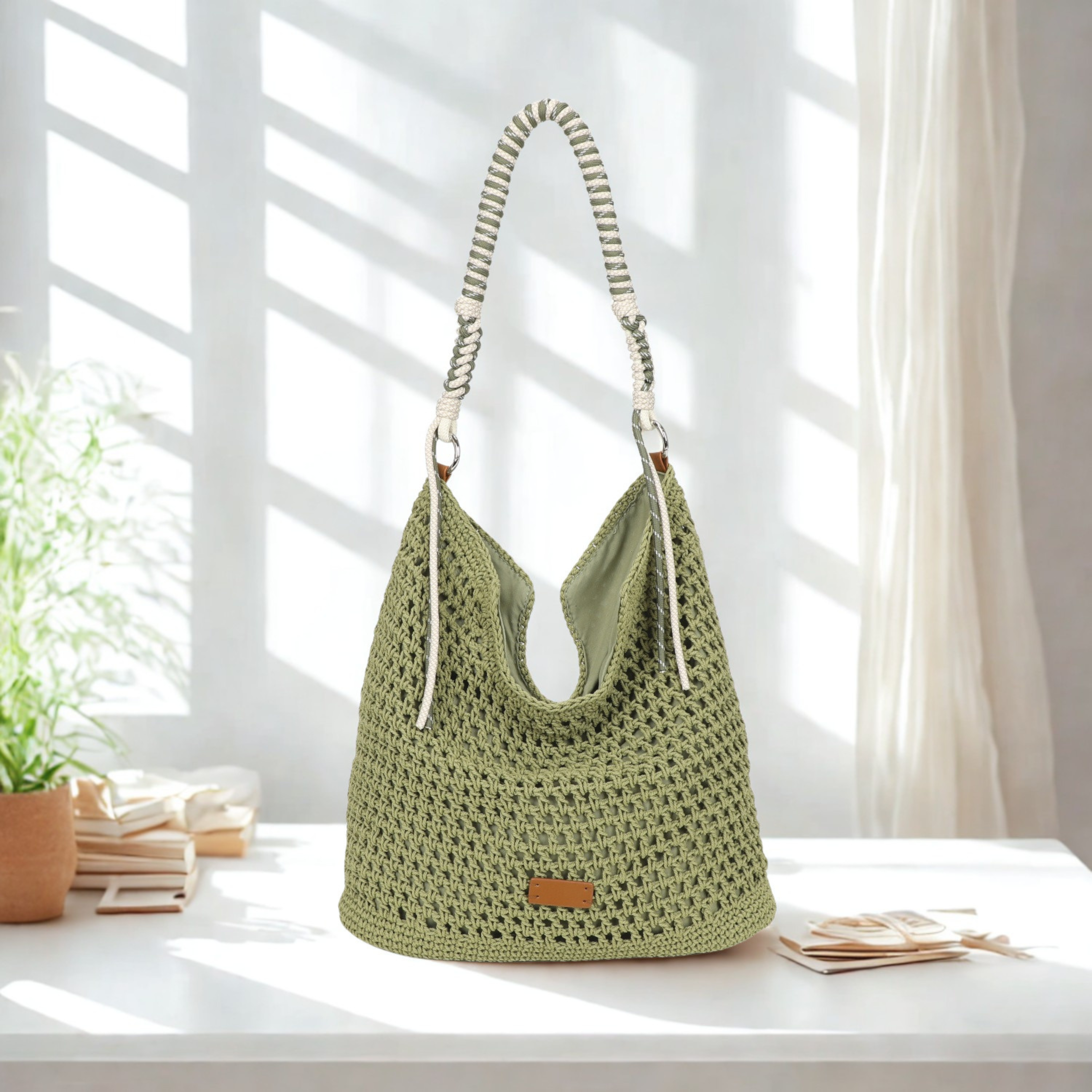 Women’s Crochet Hobo Shoulder Bag Synthetic Handmade Braided Strap Zip Handbag