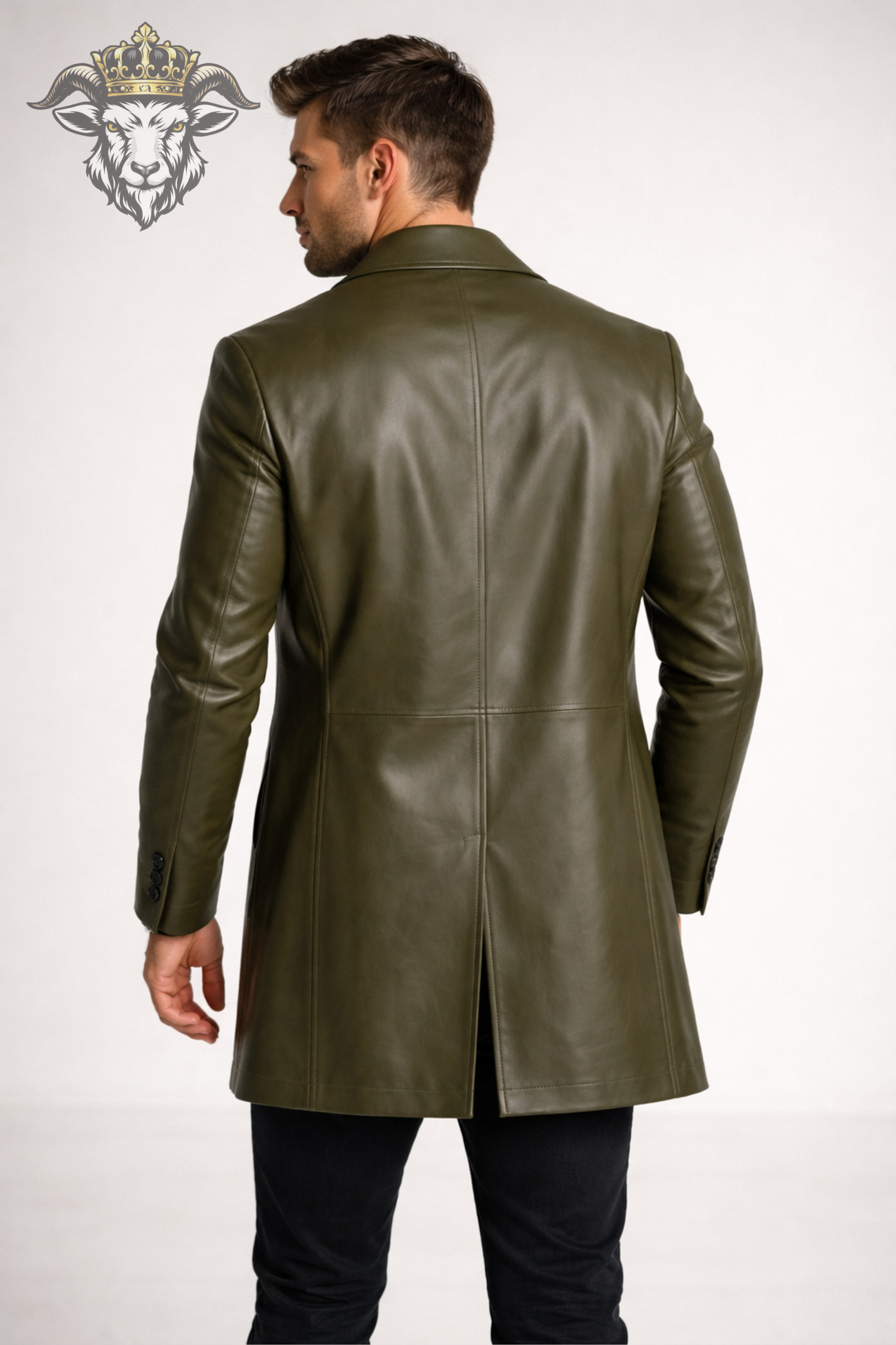 Men’s Olive Green Real Leather Coat – Mid-Thigh Premium Leather Overcoat | Slim Fit Classic Lapel Winter Jacket for Men